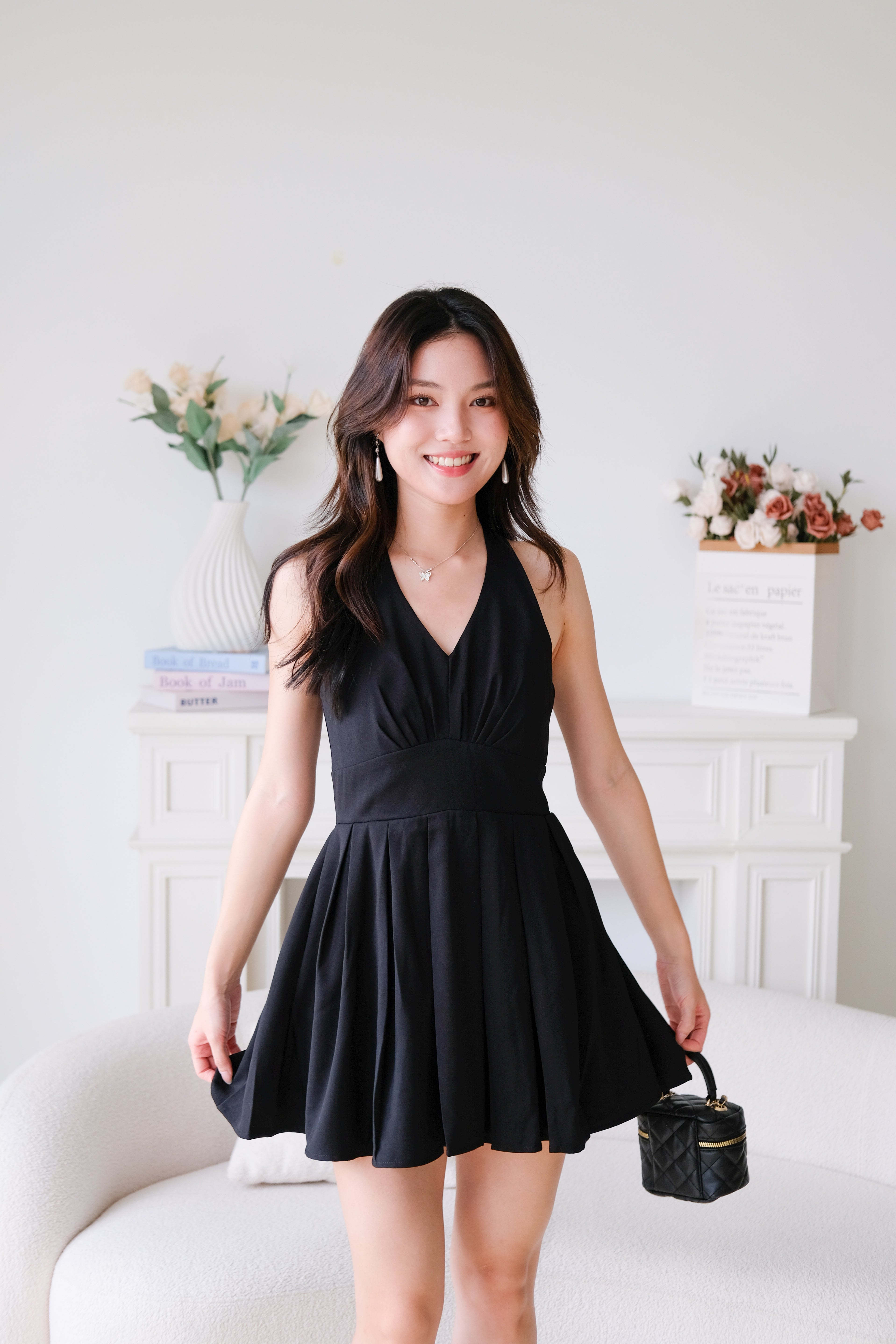 Moon Halter Pleat Dress (Black)