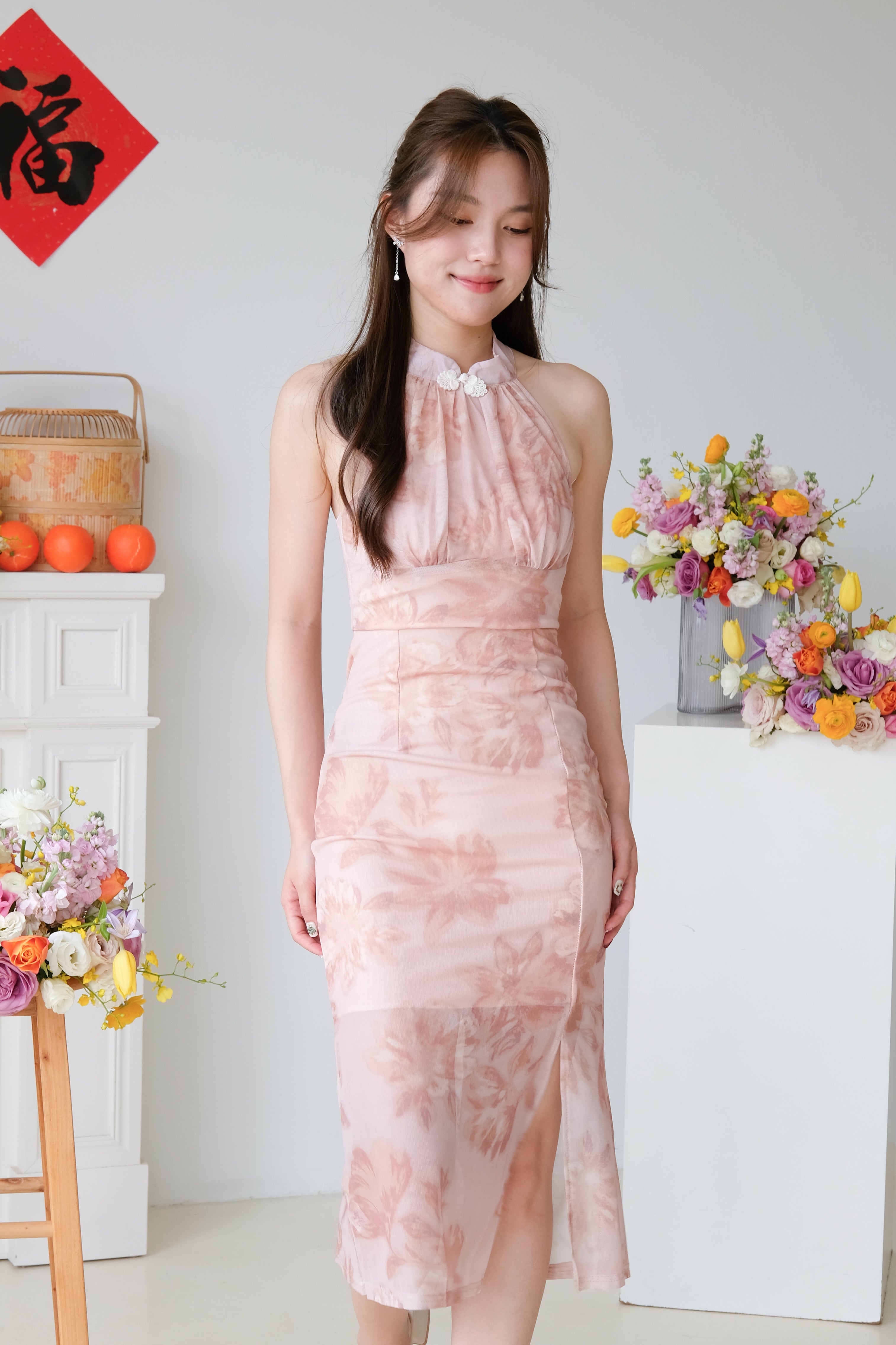 [ETA 16-20 Dec] Ke Ru Ruched Slit Halter Mesh Cheongsam (Nude Pink)