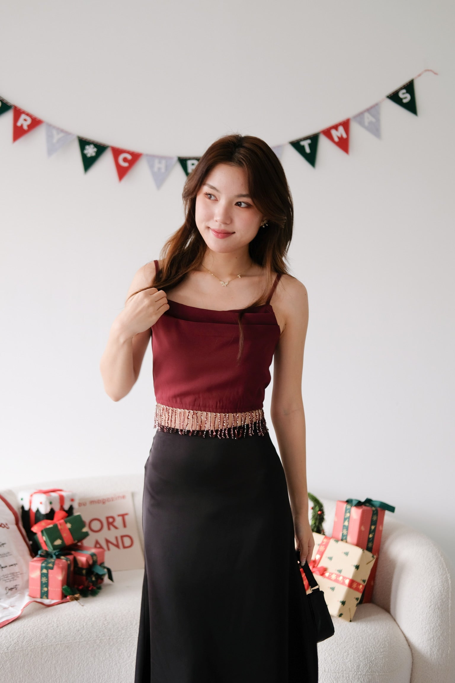 Amaria Embellished Tassel Crop Top (Maroon)