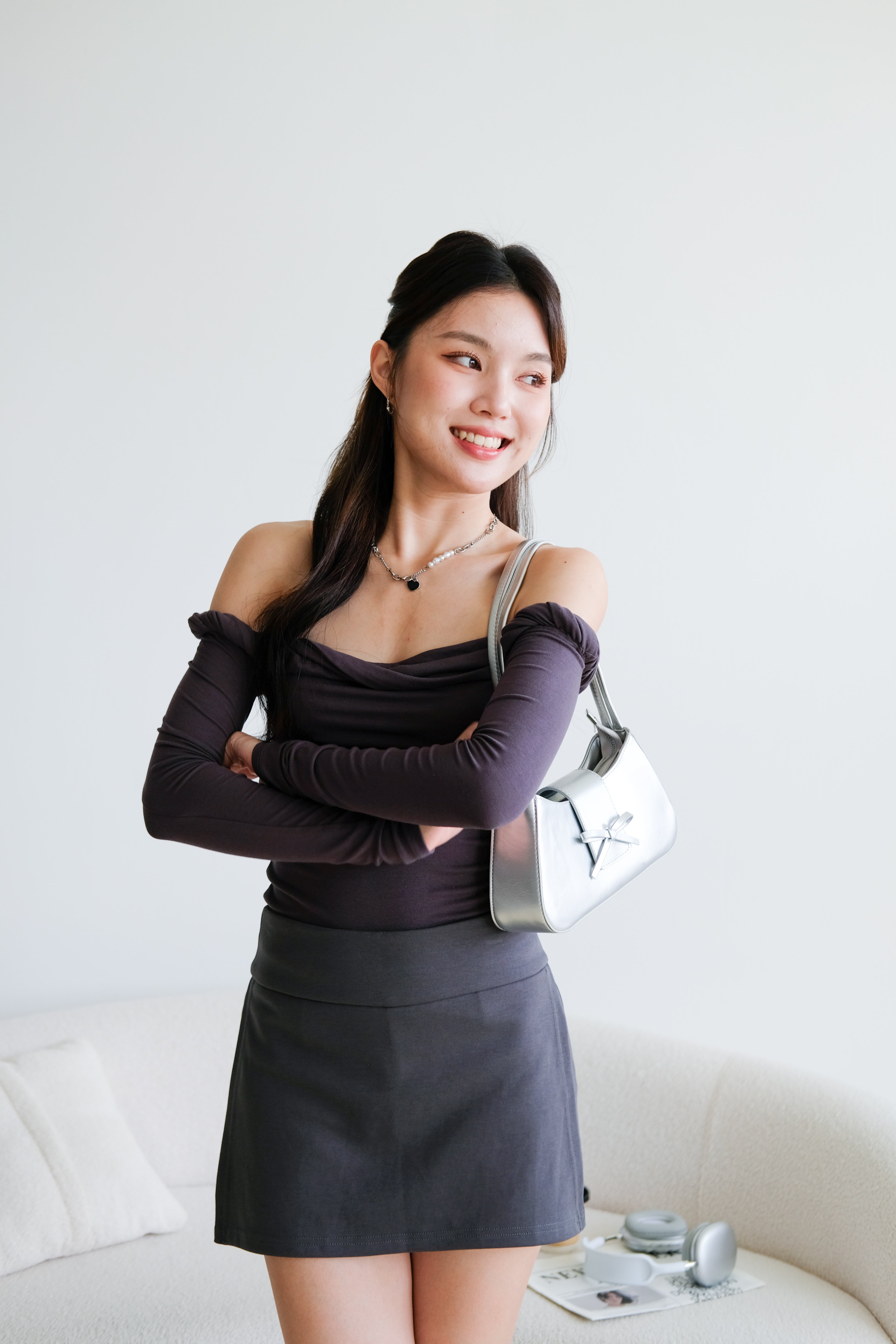 Level Up Twist Off Shoulder Top (Steel Grey)