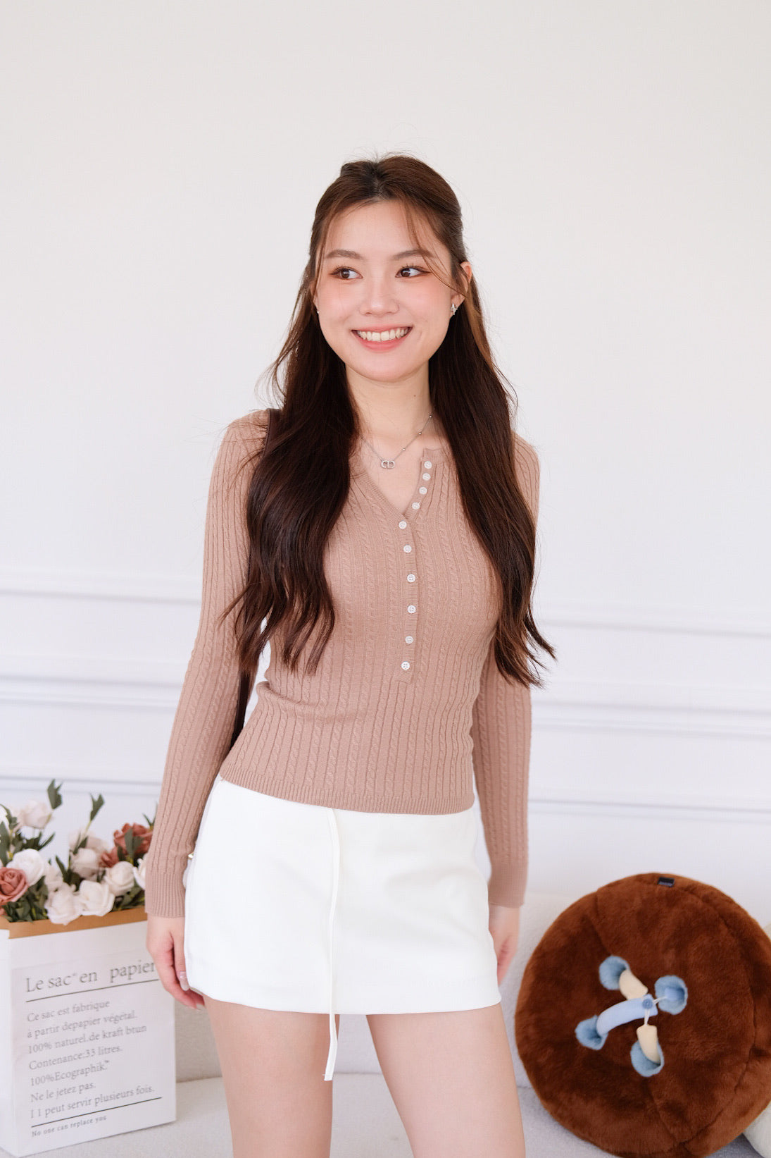 Cecily Buttoned Long Sleeves Knit Top (Camel Brown) [ETA 13 Oct]