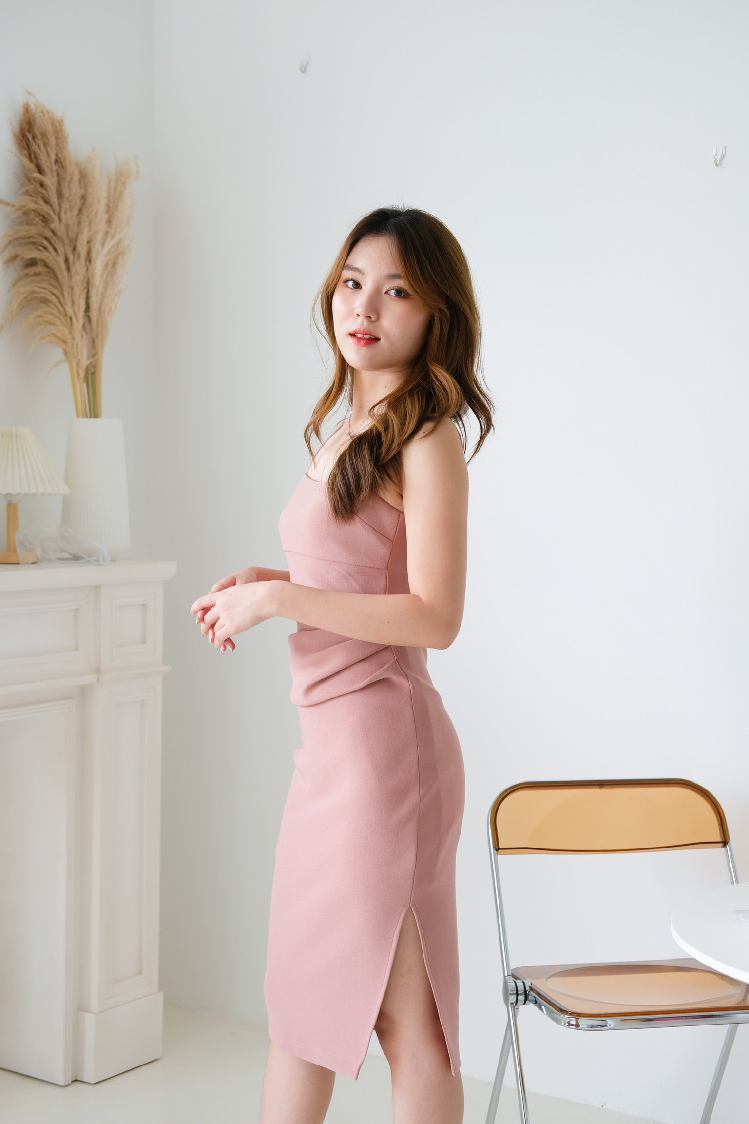 Claudine Ruched Midi Dress (Nude Pink)