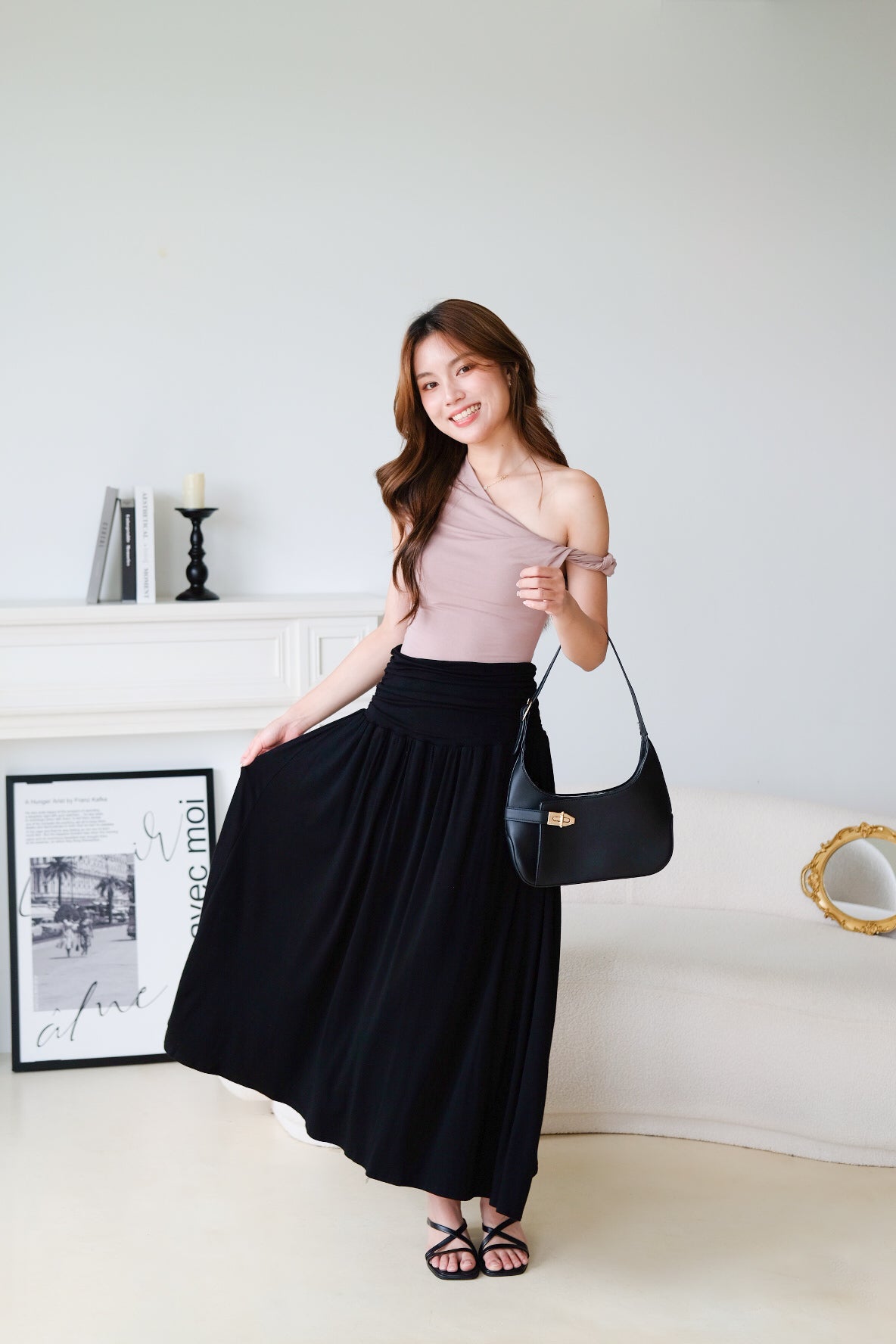 Emmeline Ruched Maxi Skirt (Black)