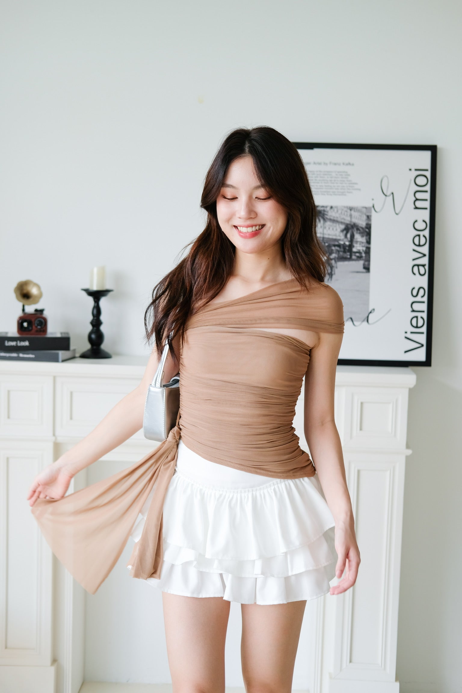 Vesper Toga Bodycon Chiffon Top (Khaki)