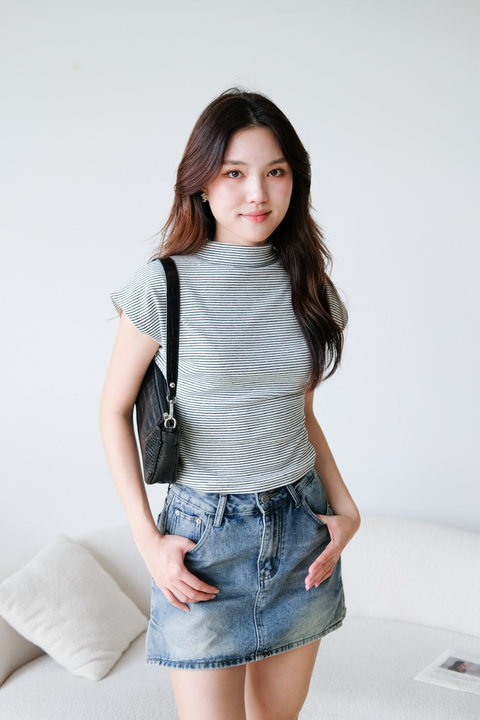 Lucca Batwing High Neck Shirt (White Stripes)
