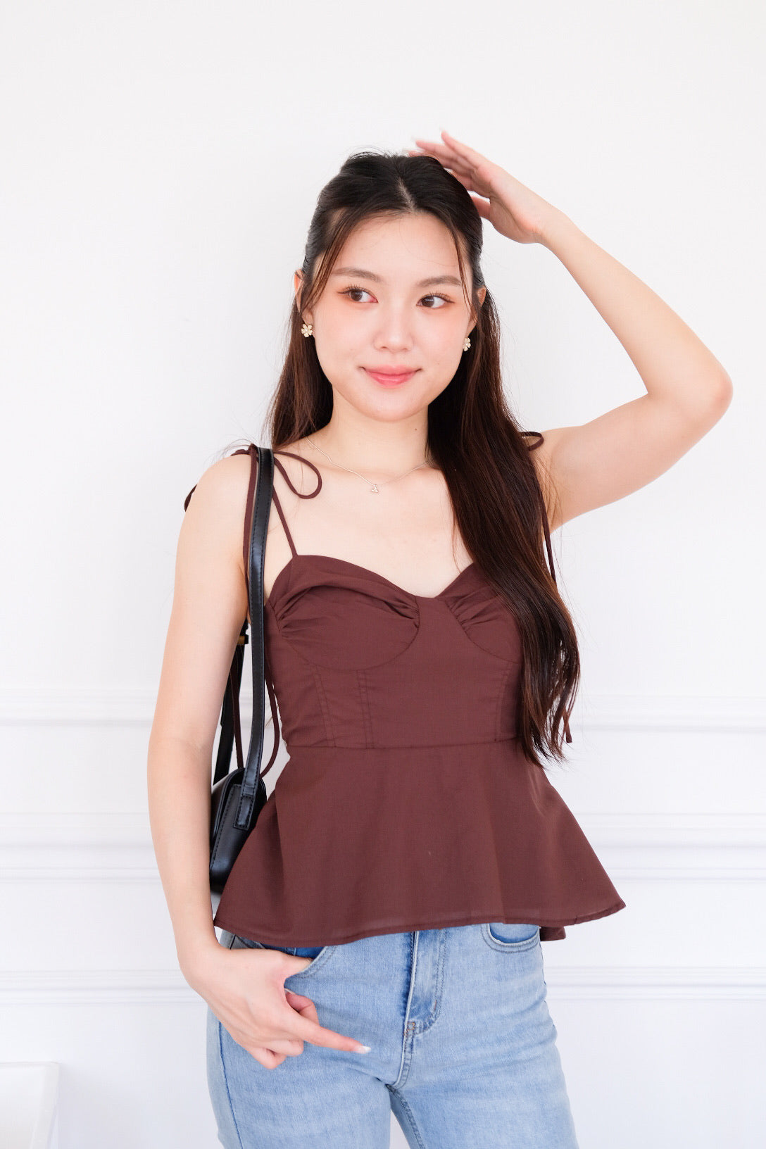Mona Self Tie Ribbon Peplum Top (Mocha)