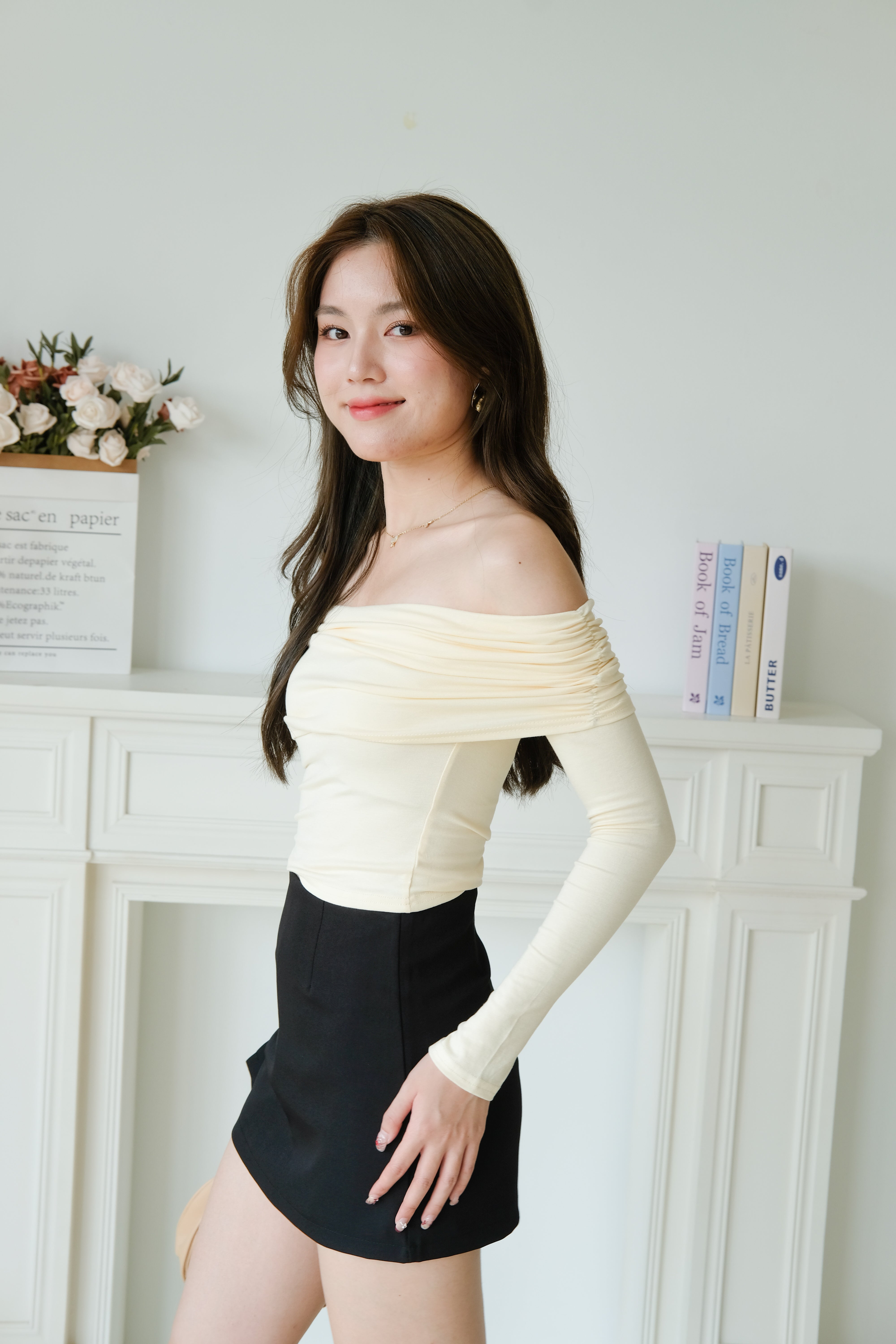 Juliette Overlap Off Shoulder Top (Pale Yellow)