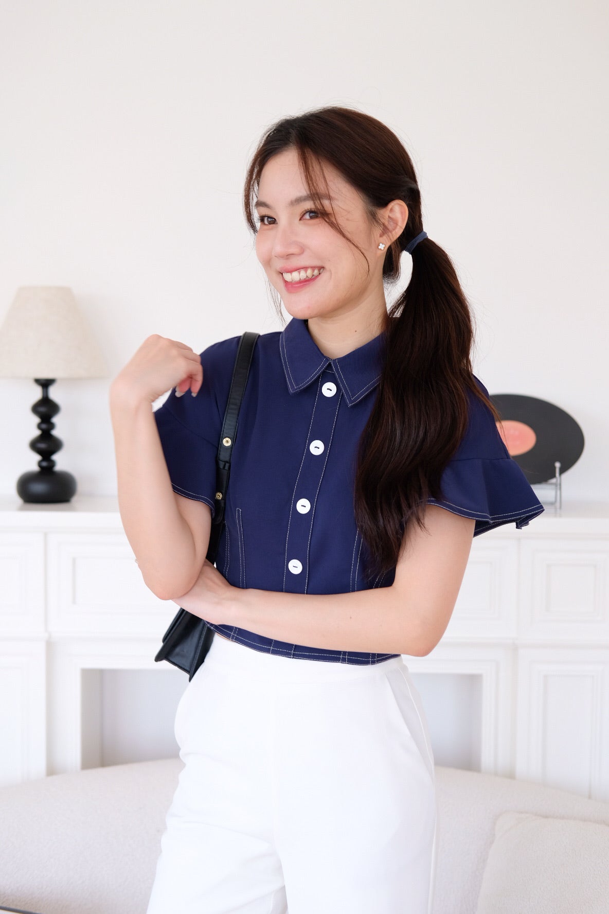 Juliana Contrast Flutter Sleeves Top (Navy Blue)