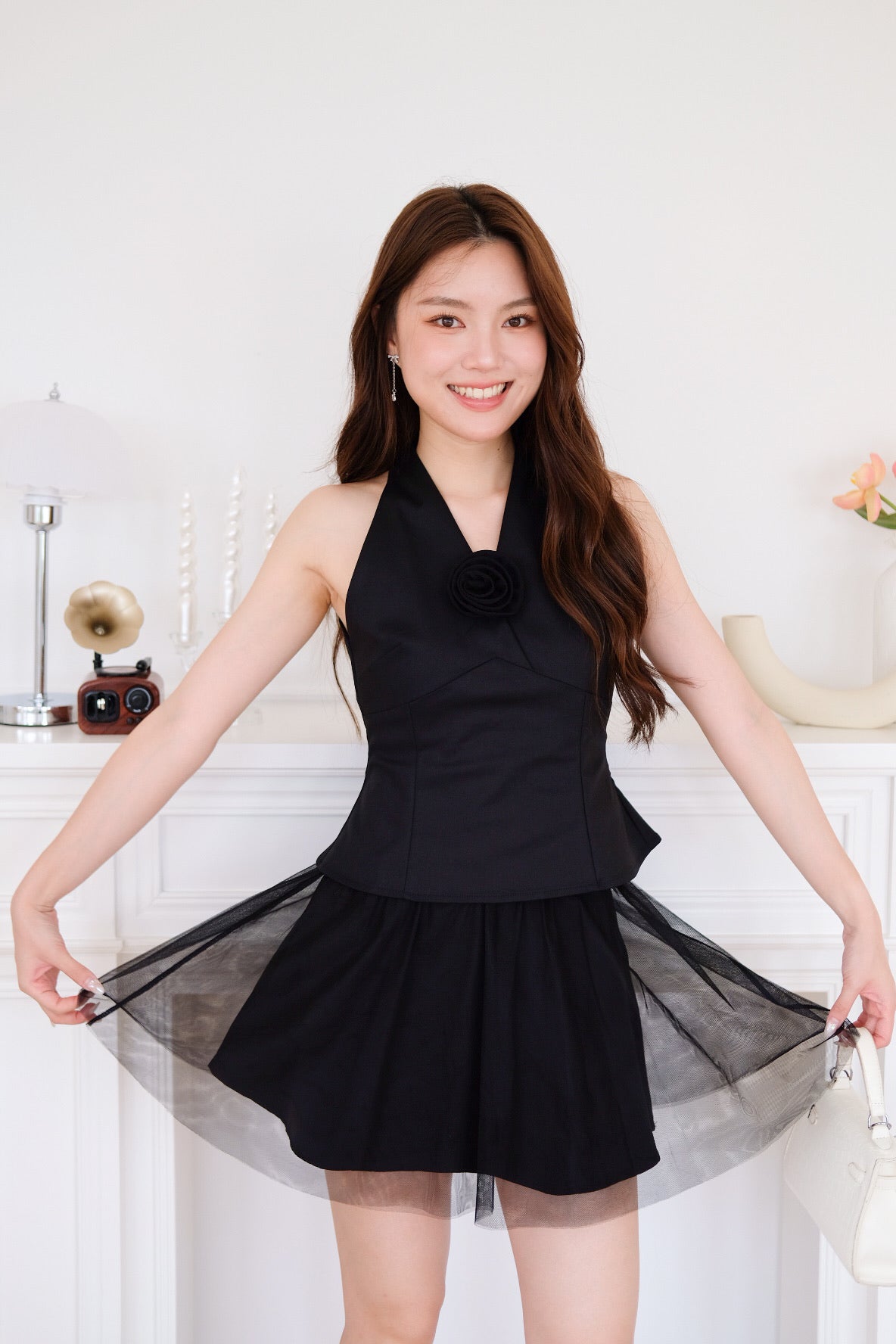 Rosette Halter Flare Crop (Black)