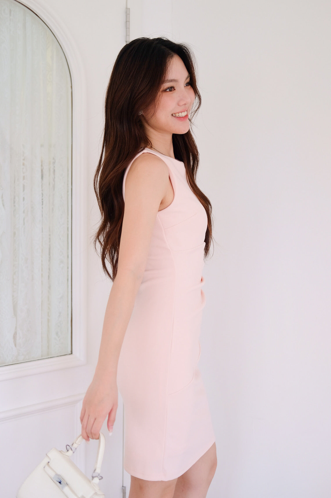 Annette Boatneck Ruched Midi Dress (Berry Pink)