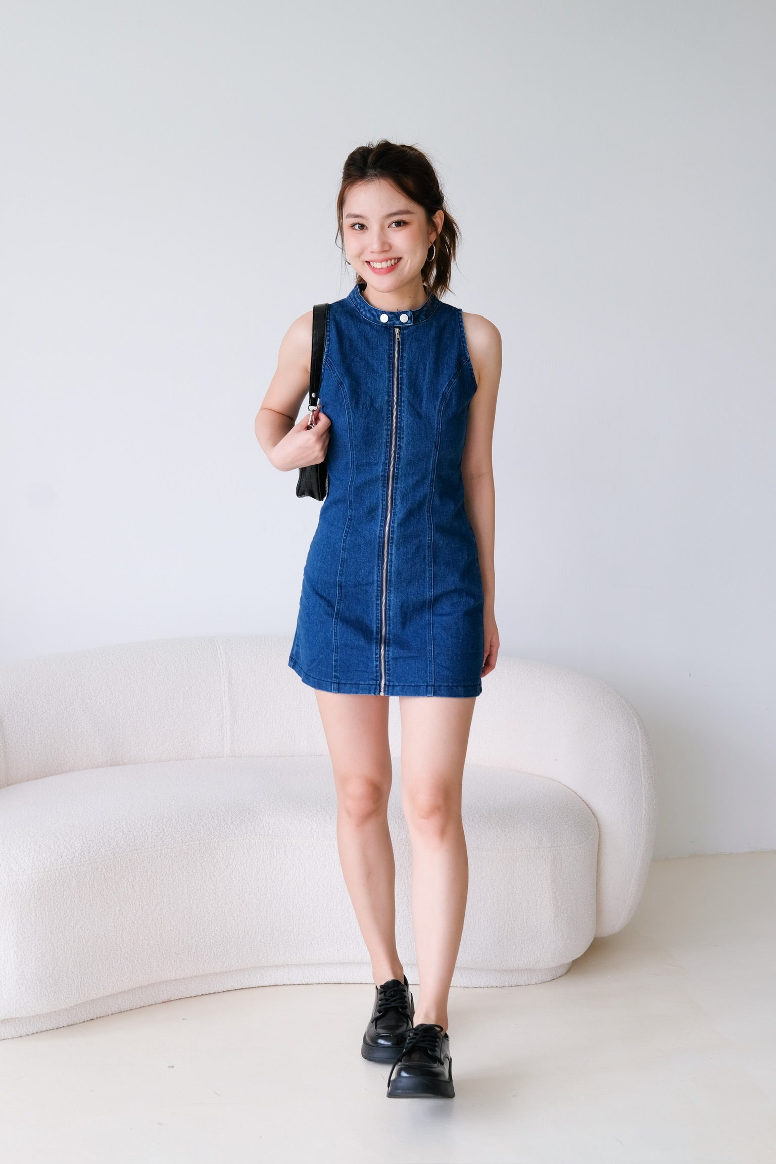 Joee High Neck Denim Dress (Dark Denim)