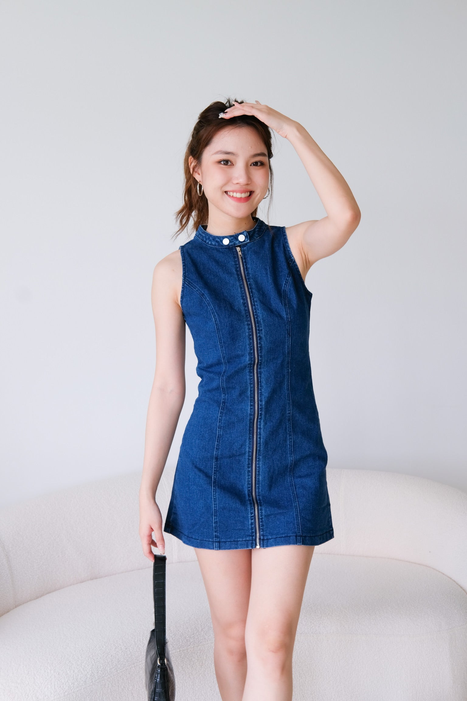 Joee High Neck Denim Dress (Dark Denim)