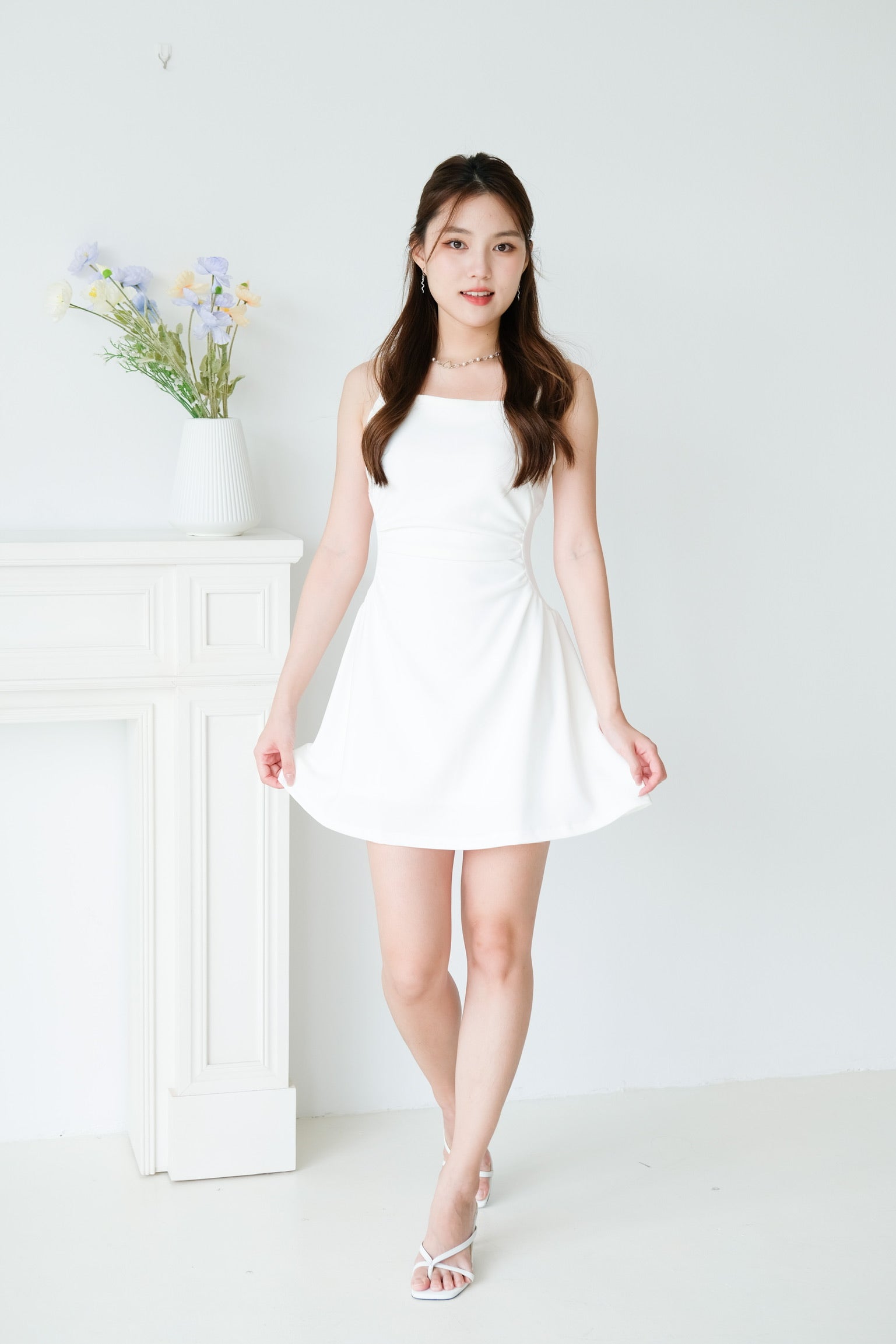 Tavia Ruched Mini Dress (White)