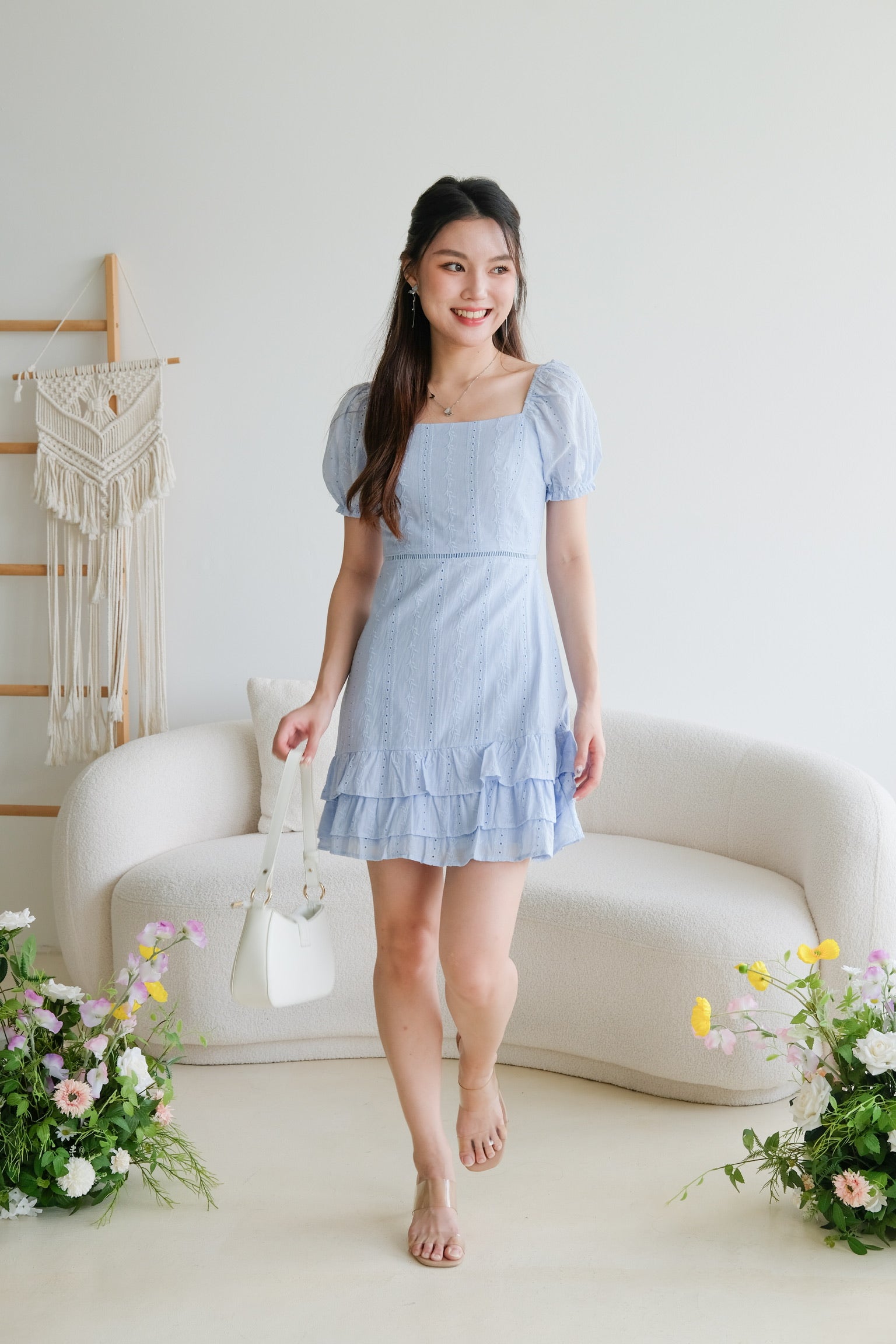 Evelyn Eyelet Ruffle Dress (Sea Blue)