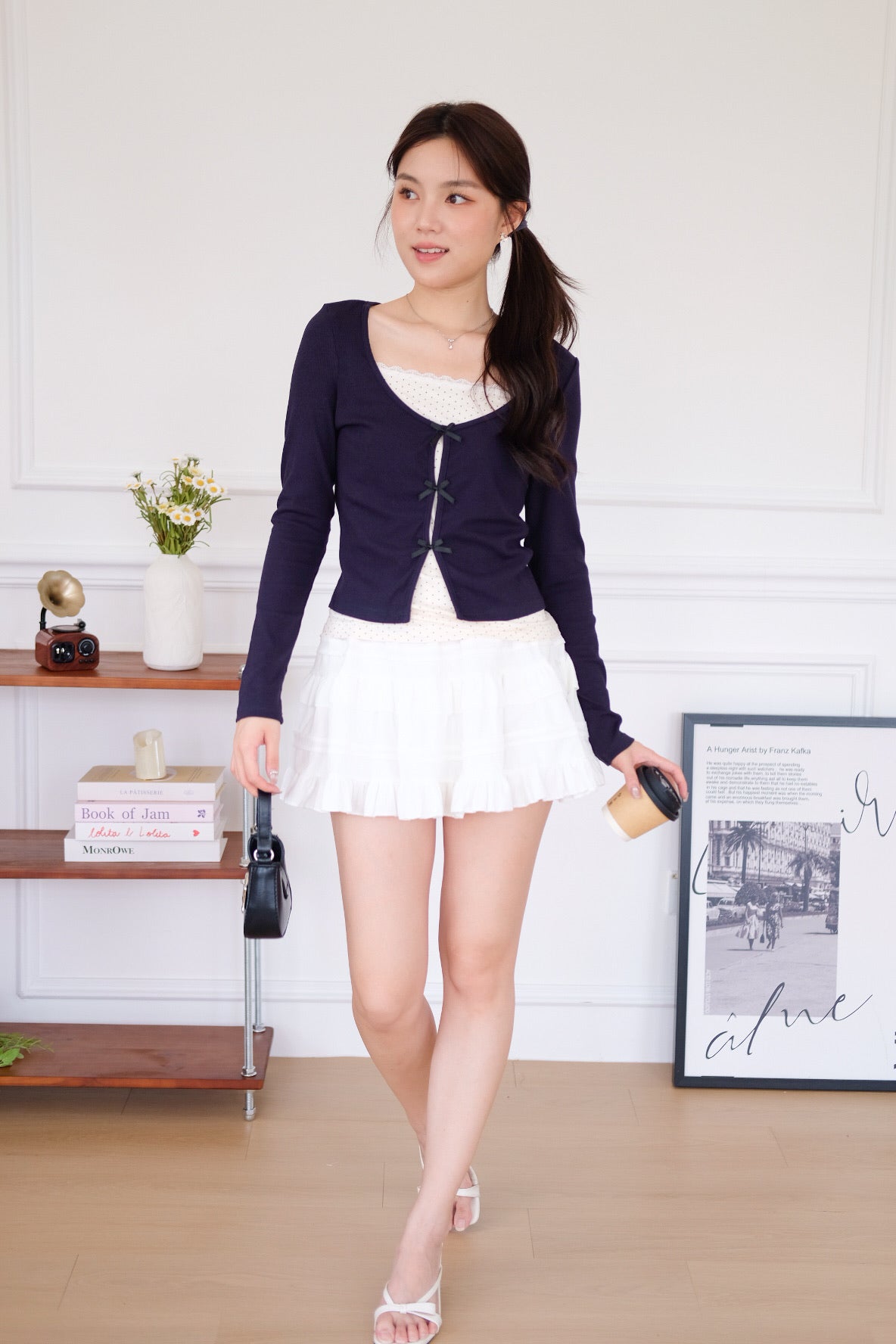 Ahyeon Contrast Polka Long Sleeve Top (Navy Blue)