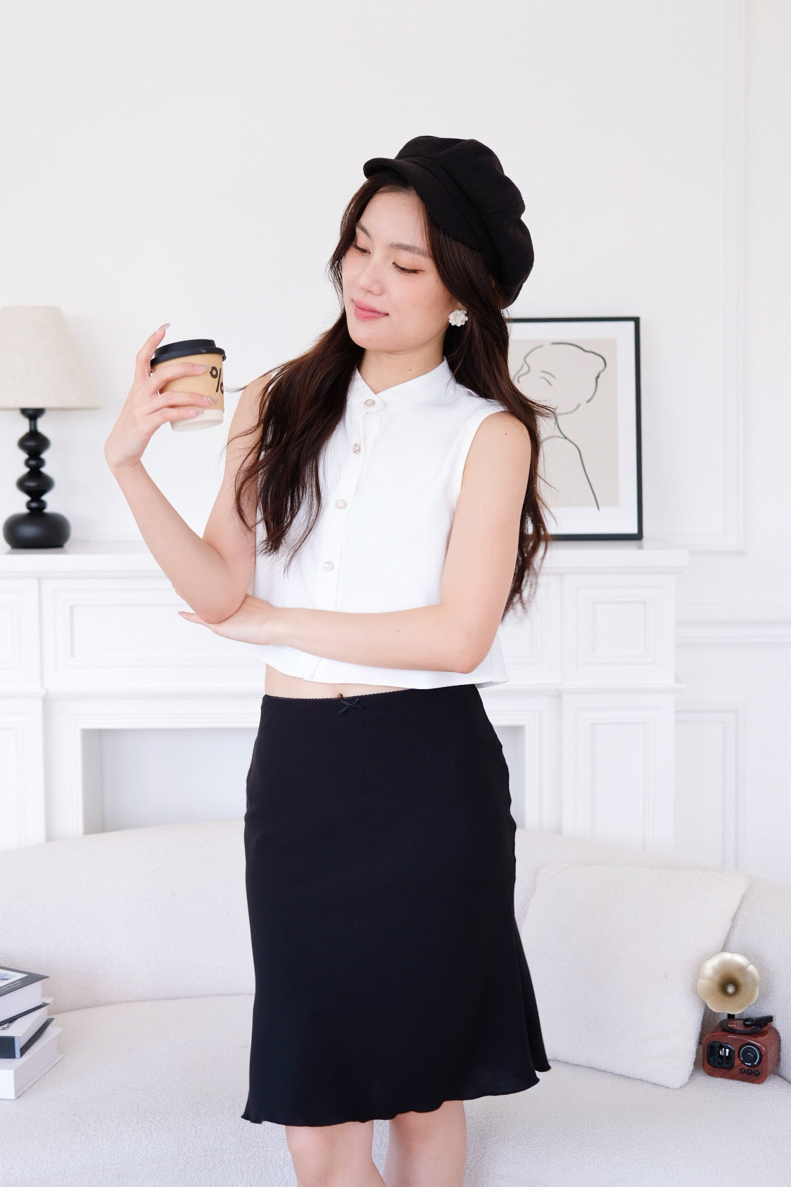 Clarise Mini Bow Knee Length Flare Skirt (Plain Black)
