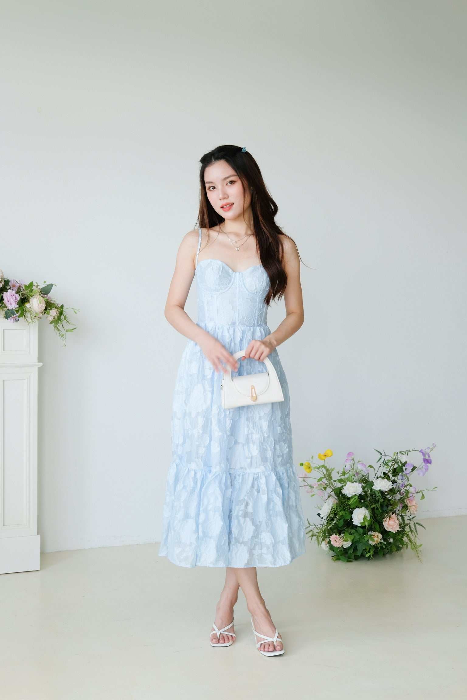 Natalia Floral Organza Midaxi Dress (Sea Blue)