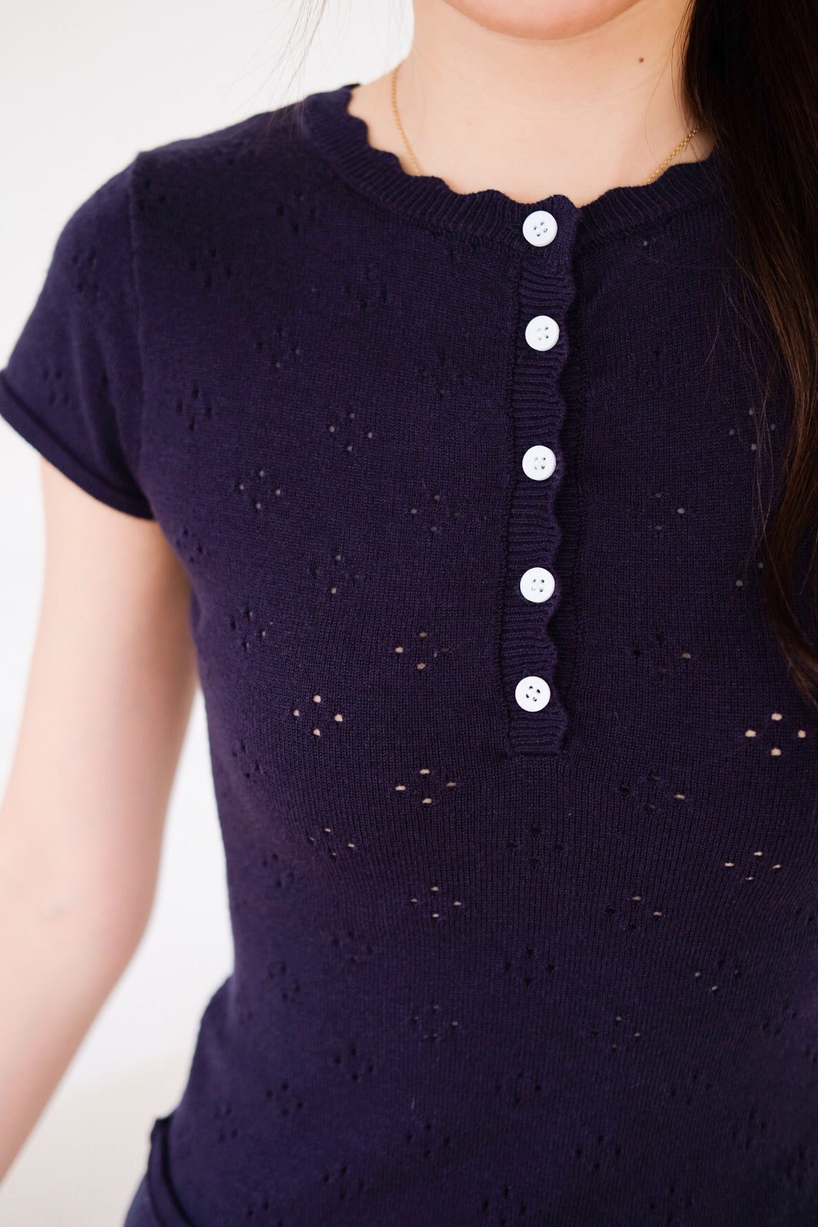 Tyla Scalloped Pointelle Top (Navy Blue)