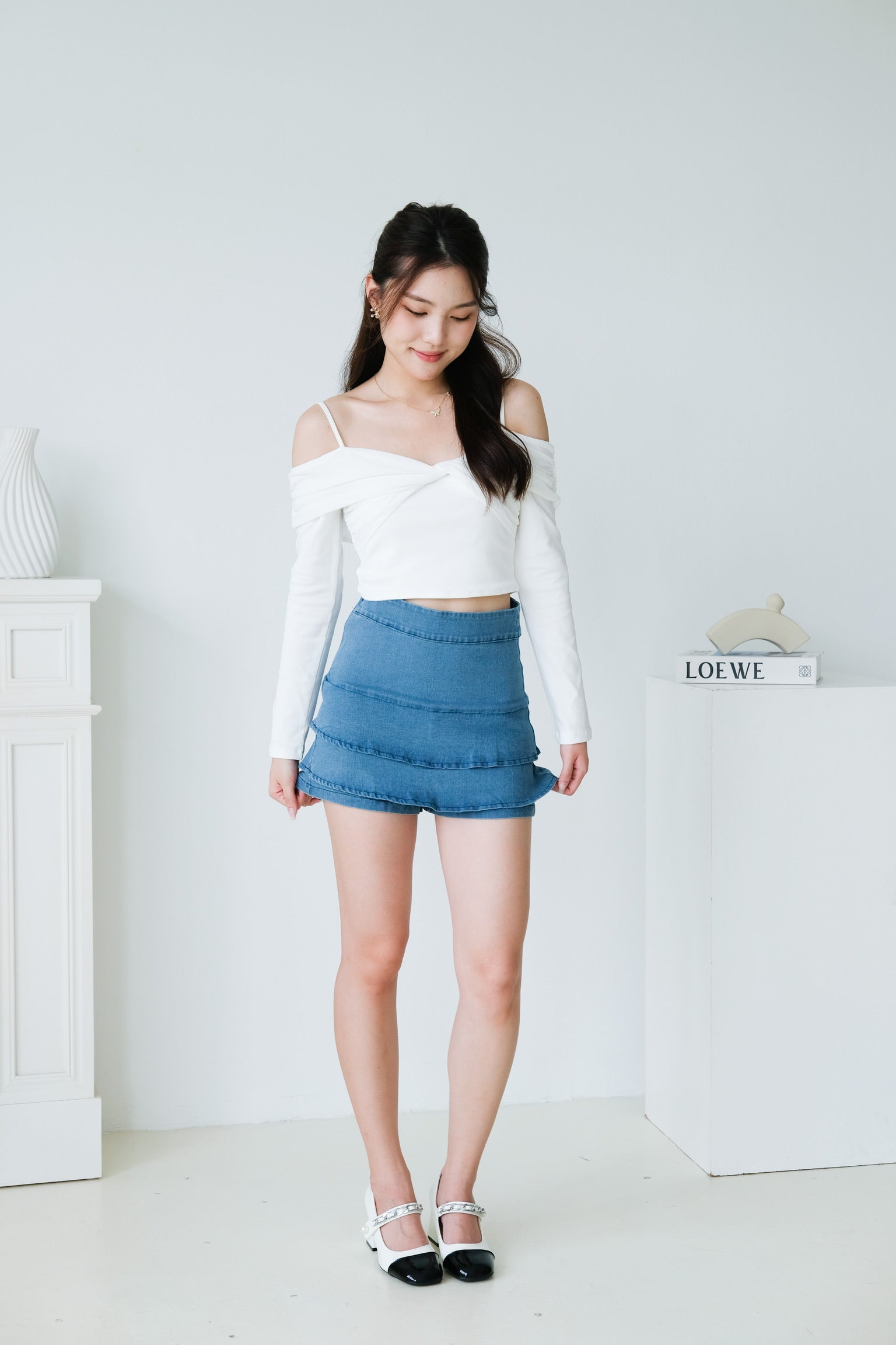 Zyla Layered Denim Skorts (Light Blue)