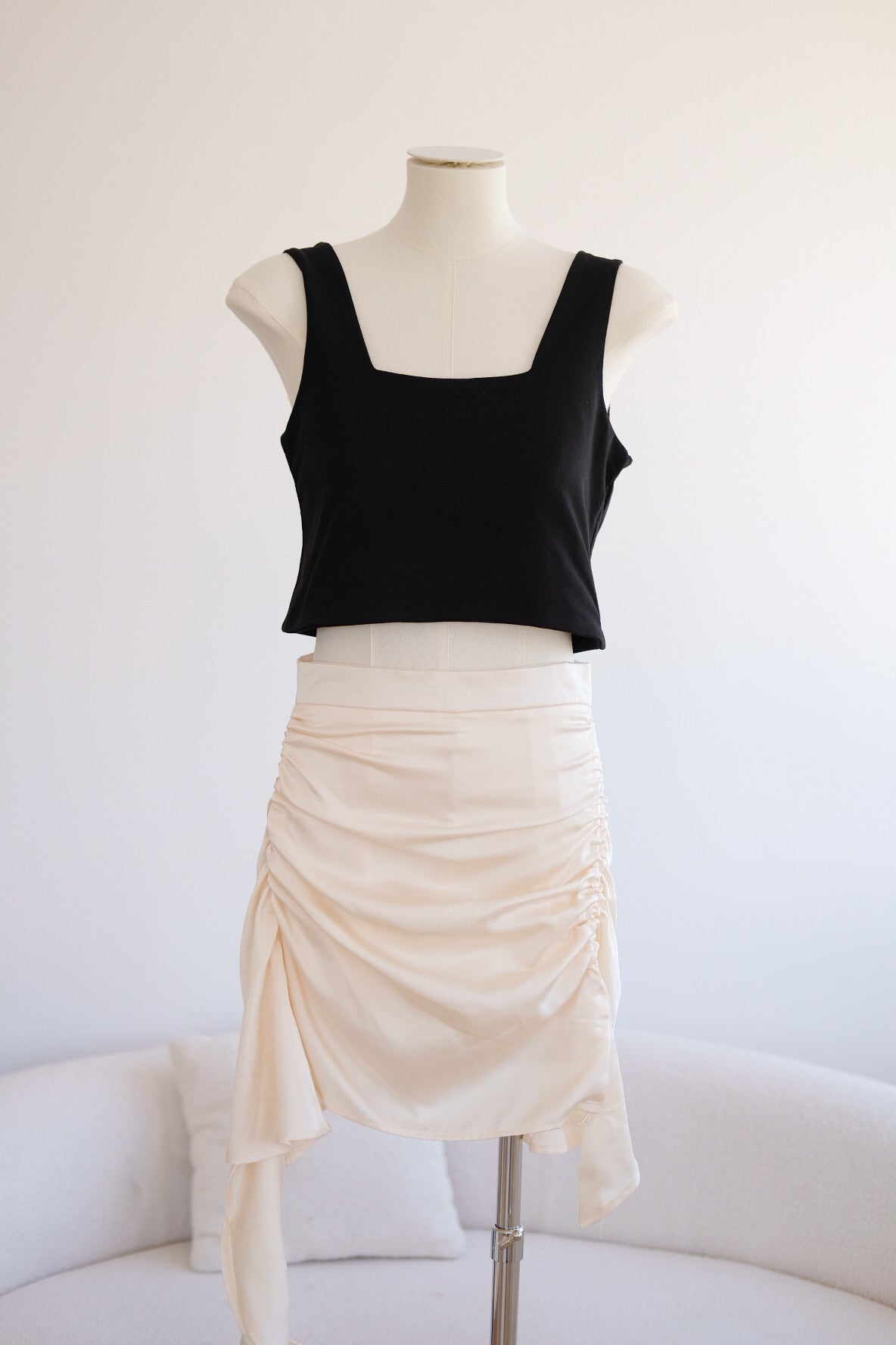 Champagne Satin Ruched Ruffle Skirt