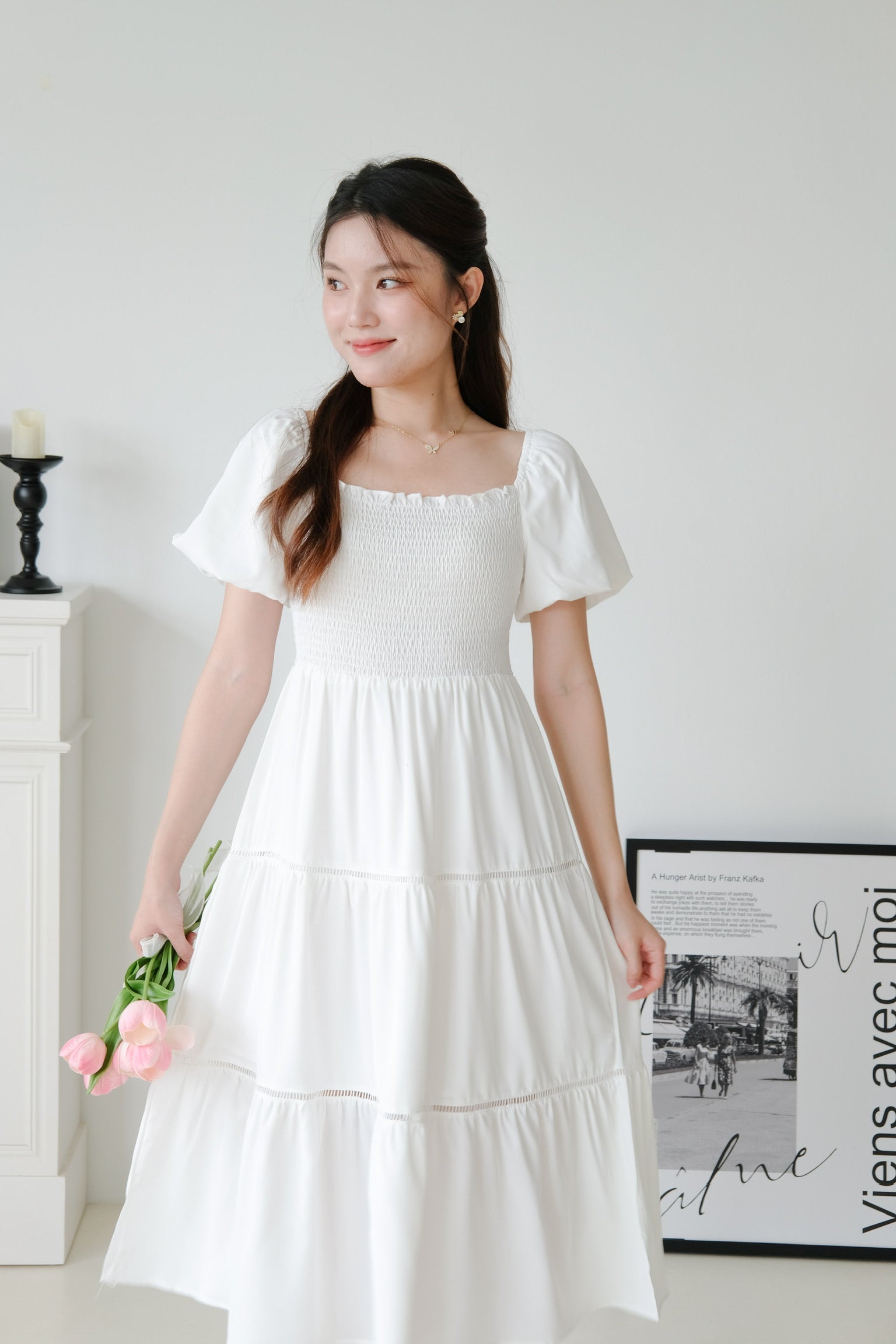 Breanna Smocked Tiered Maxi Dress (White)