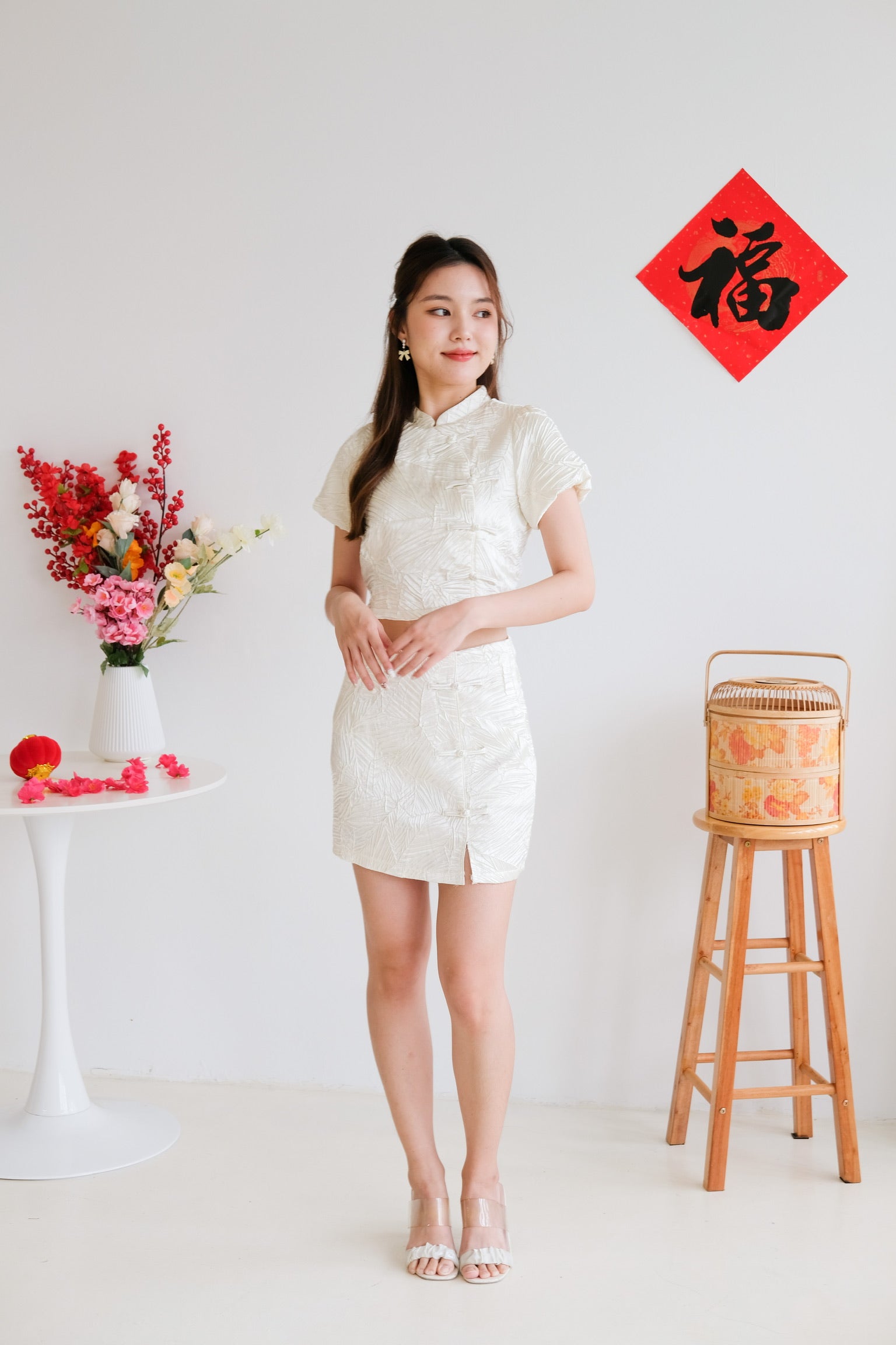 Harmony Textured Cheongsam Set (Pale Yellow)