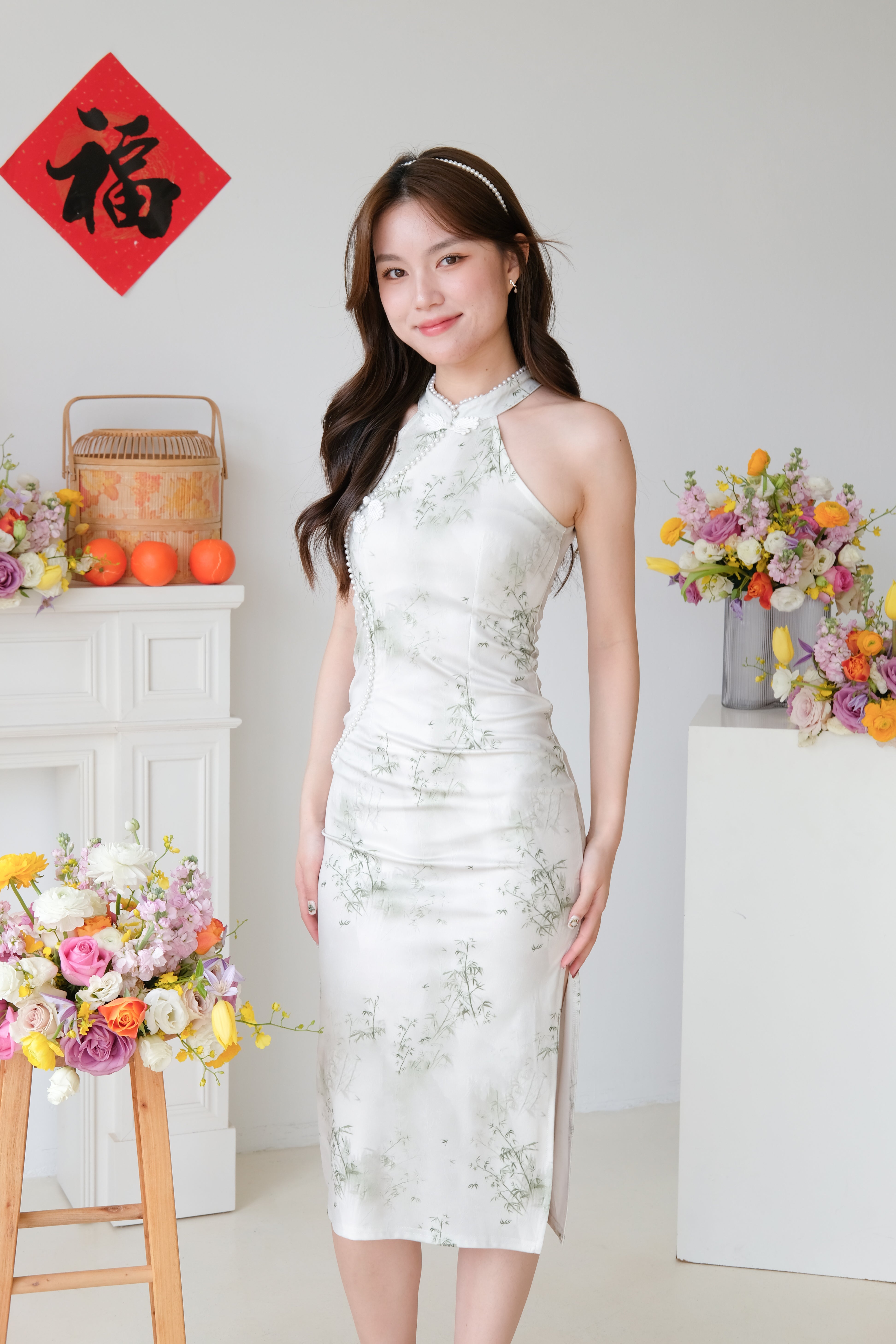 [ETA 16-20 Dec] Jade Mini Pearl Halter Midi Cheongsam (Jade Green)