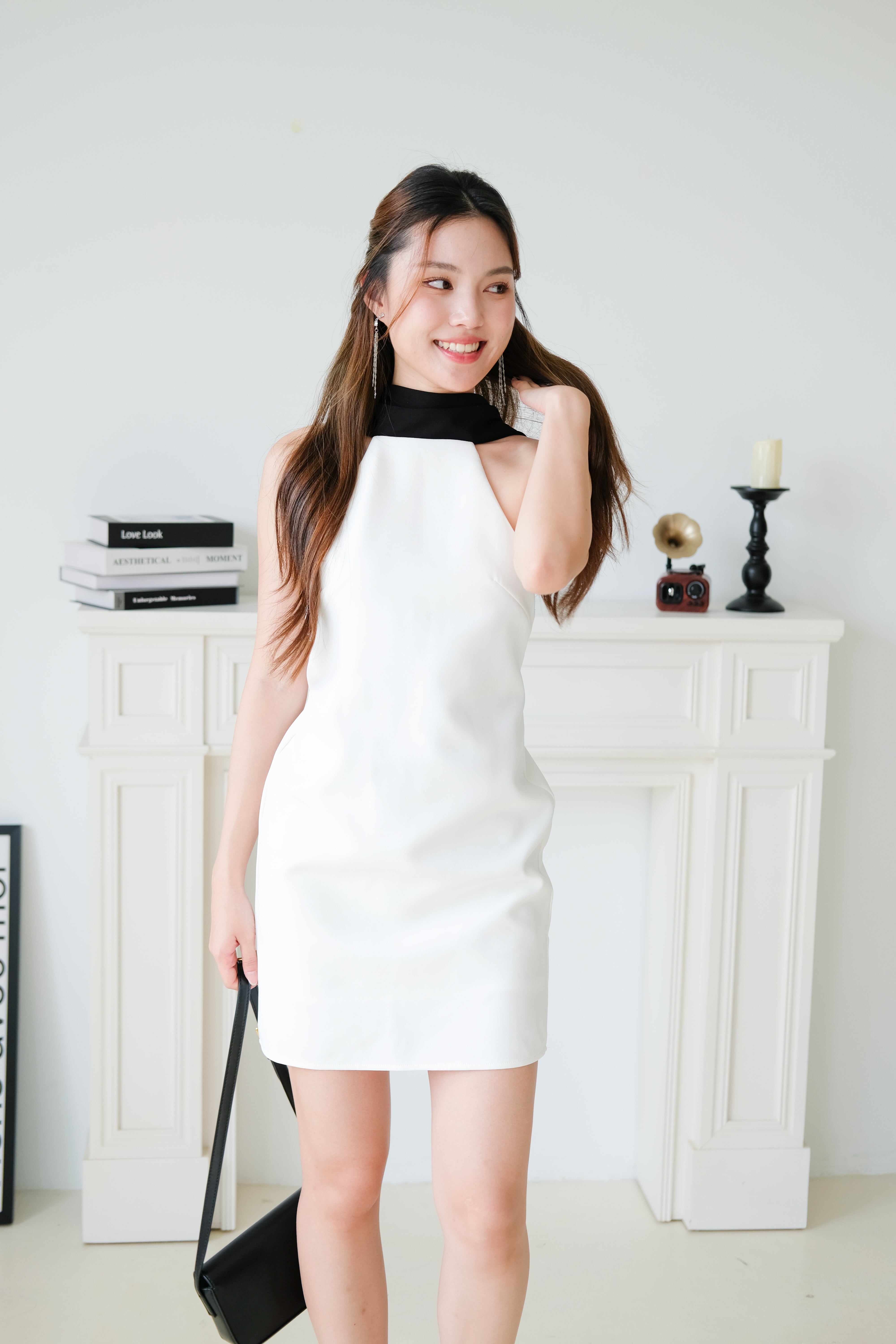 Axelle Contrast Bareback Halter Dress (White)