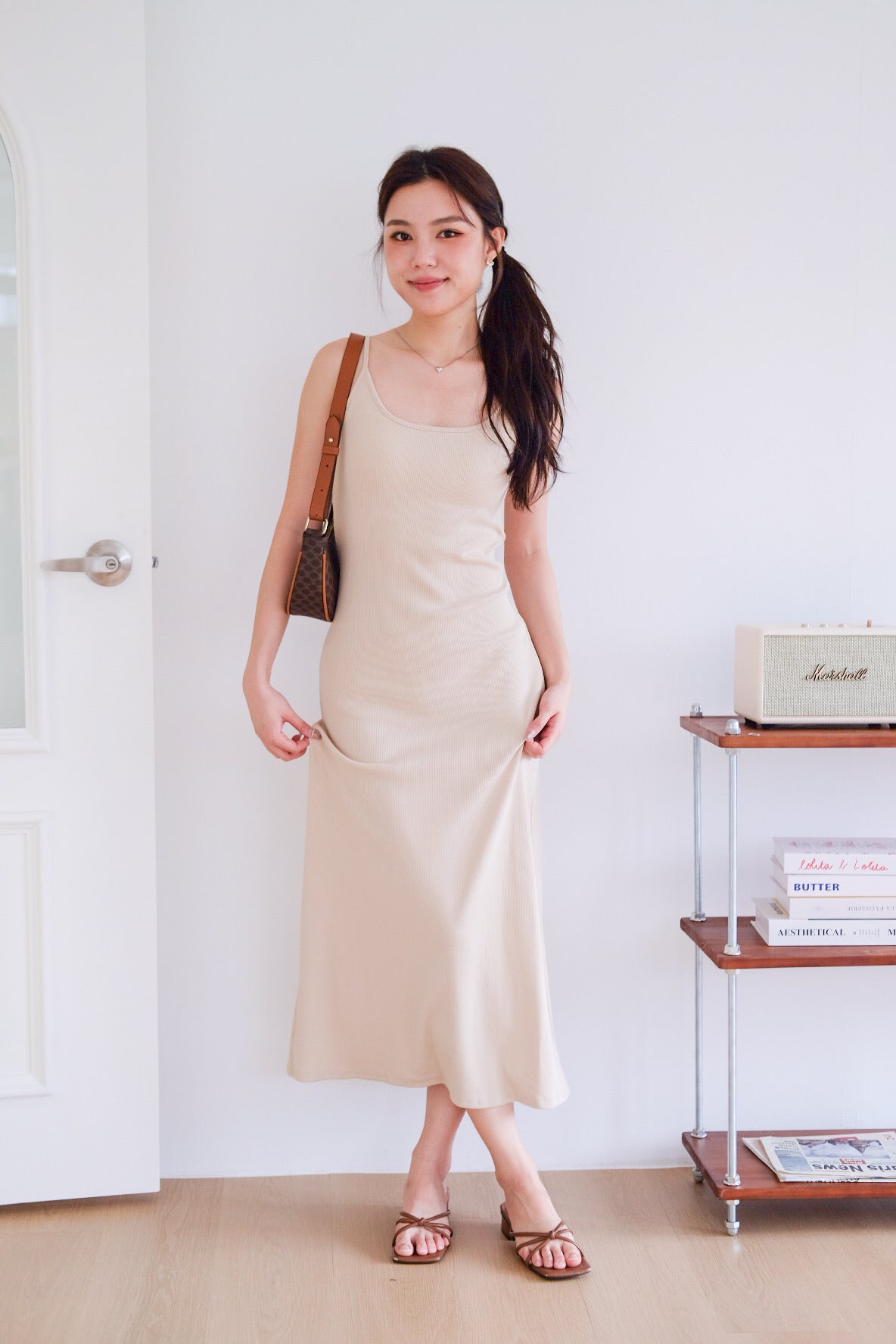 Jocelyn Padded Ribbed A Line Dress (Oat Beige)