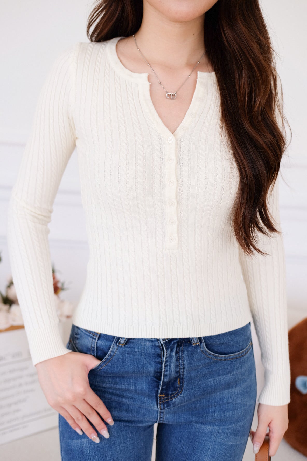 Cecily Buttoned Long Sleeves Knit Top (Cream) [ETA 13 Oct]