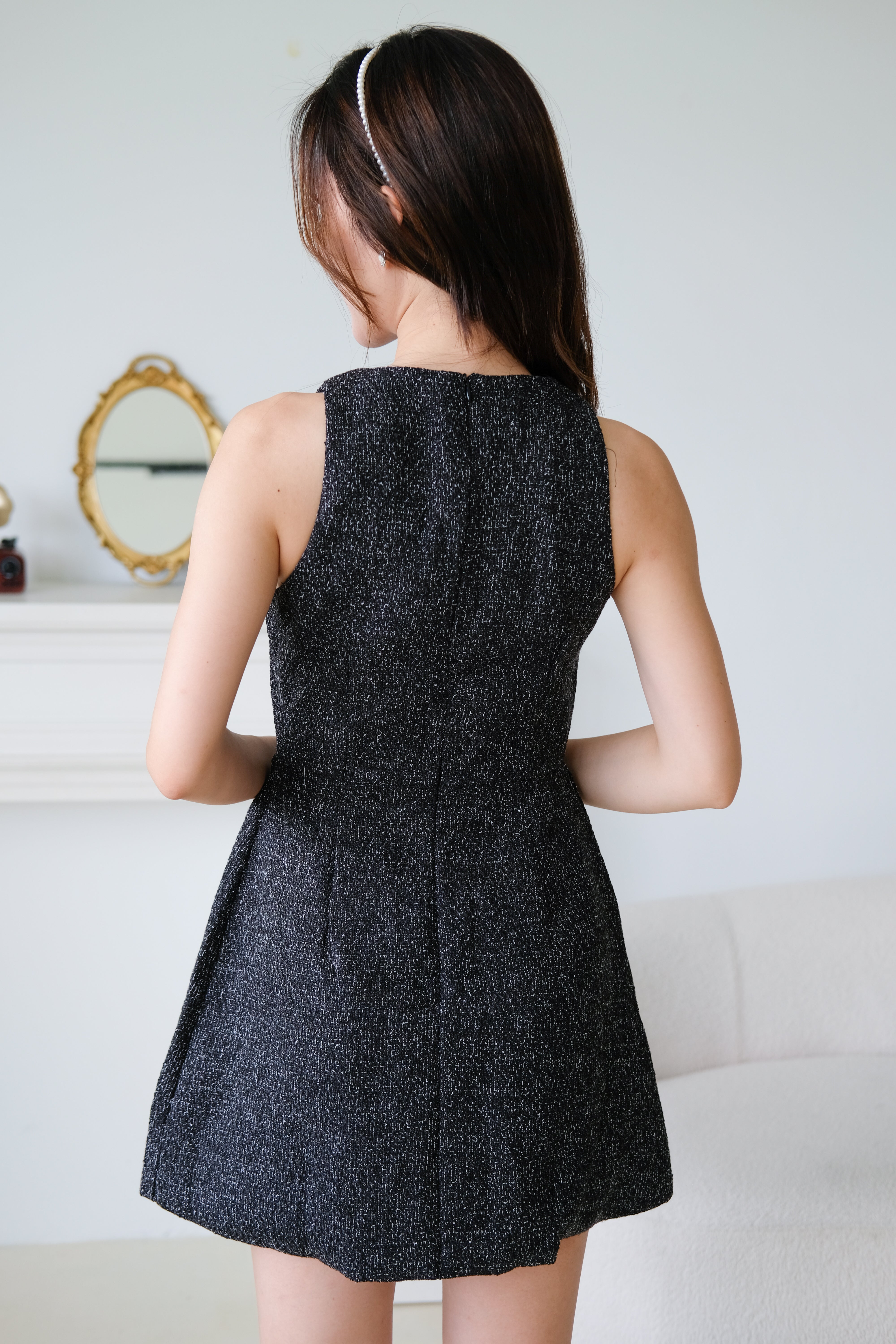 Pearly Tweed Halter Dress (Black)