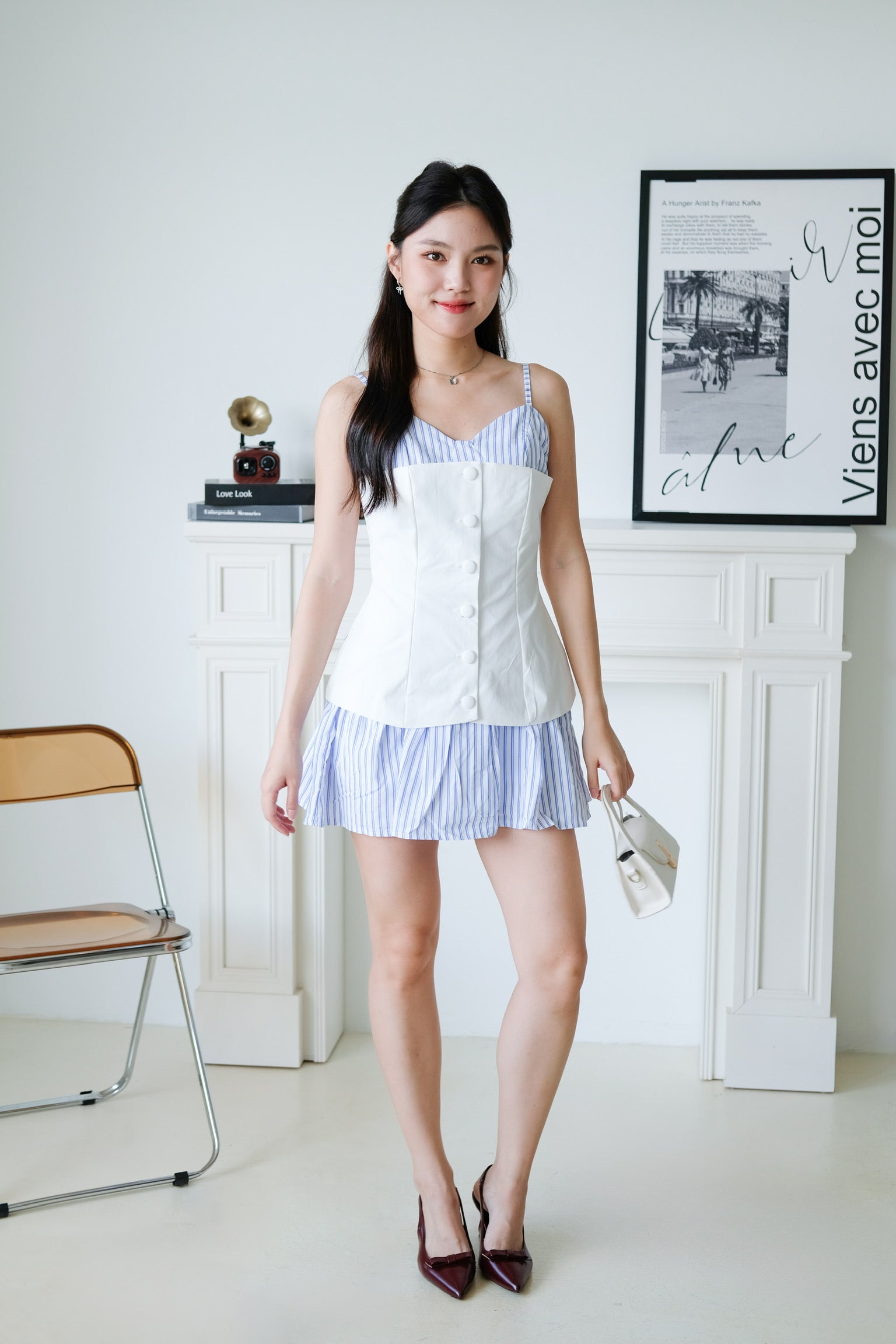 Camie Stripes Contrast Dress (White Blue Stripes)