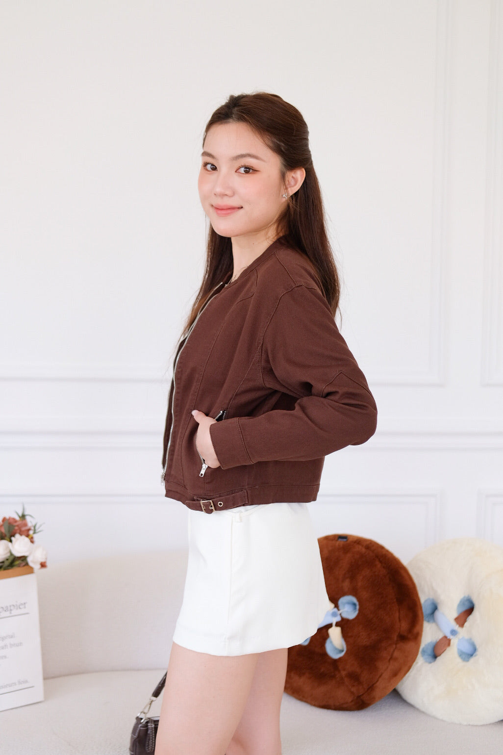 Maren Zip Cropped Denim Jacket (Mocha)