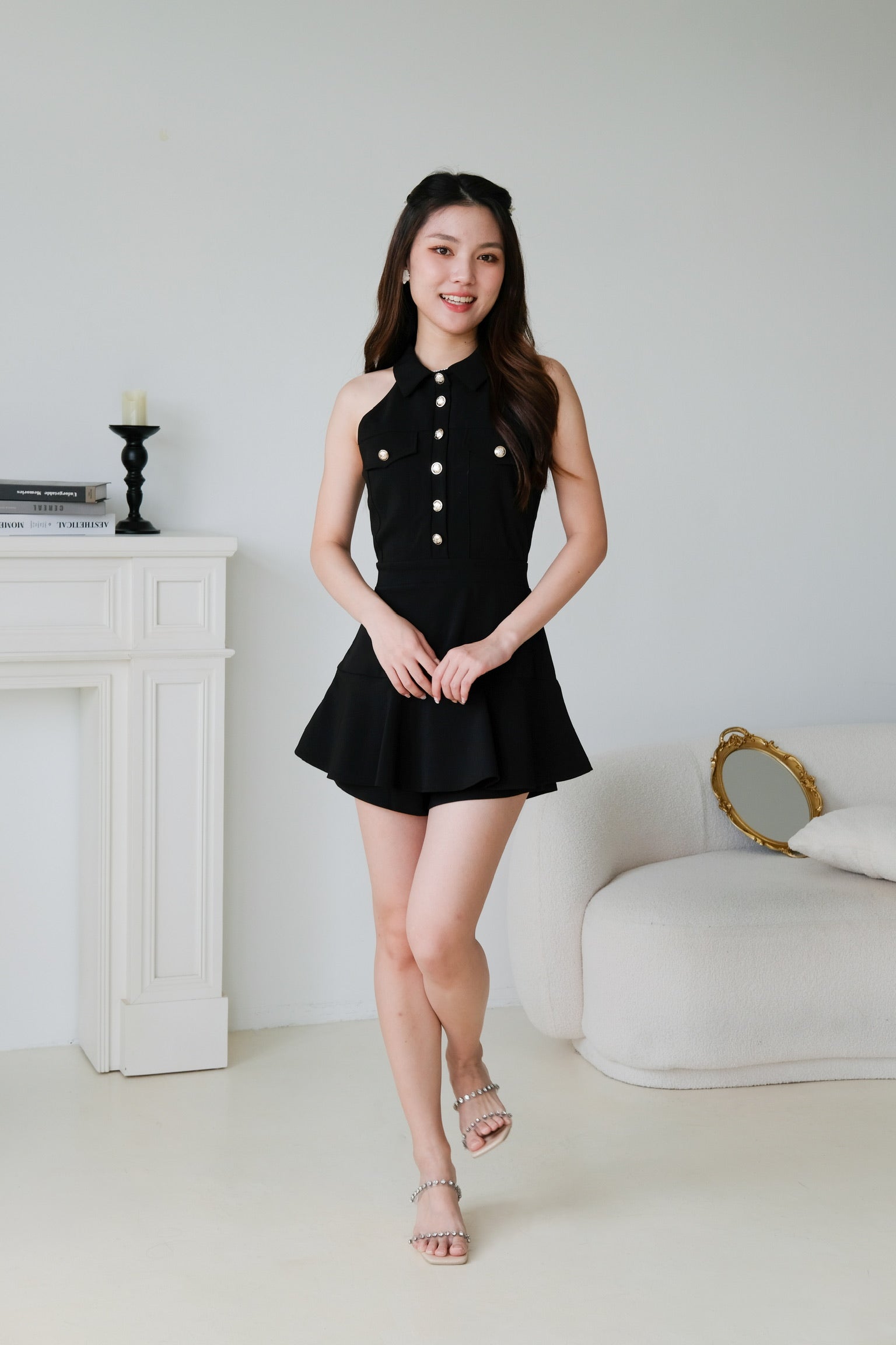 Dionne Gold Button Collared Romper (Black)