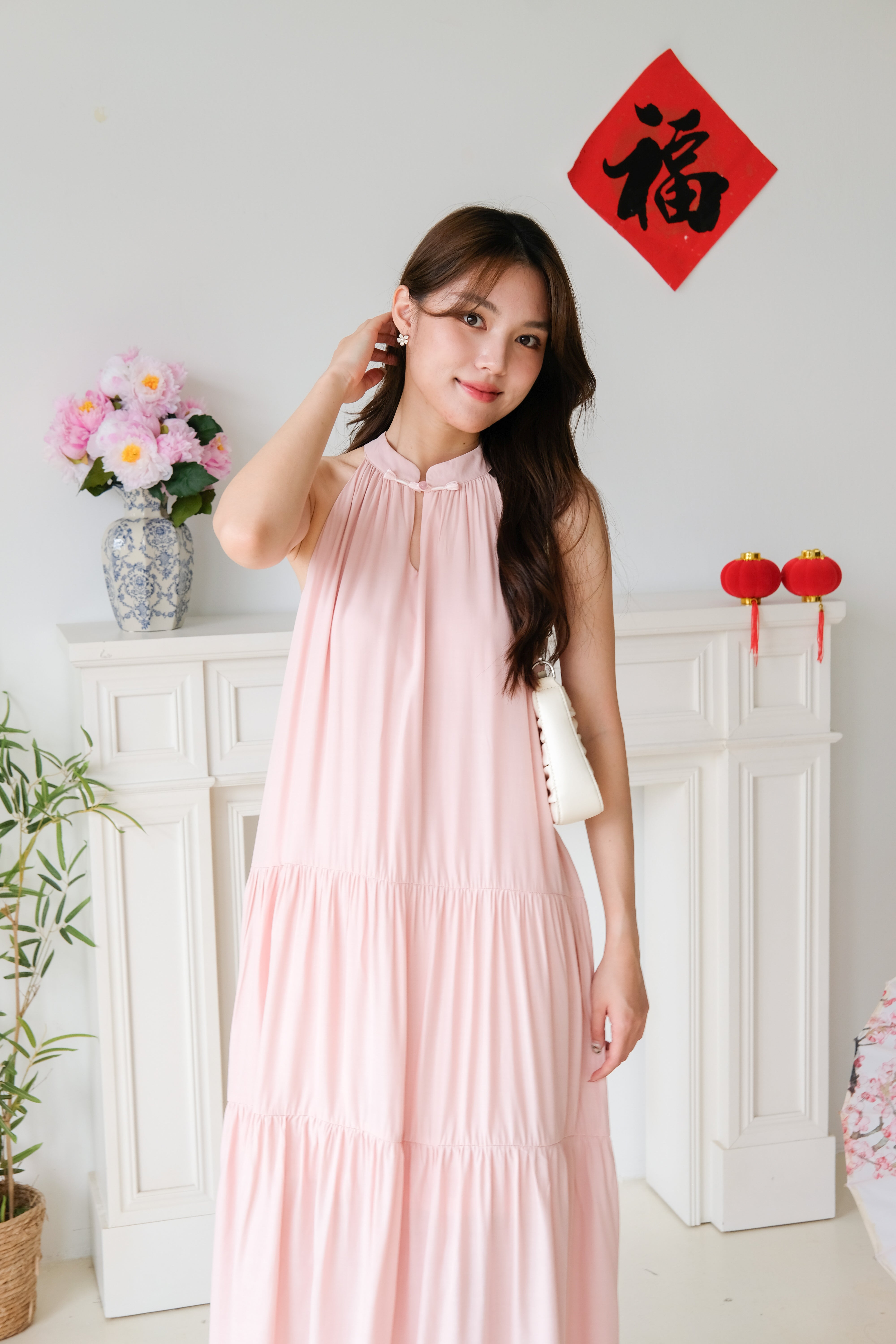 Qi Mandarin Collar Babydoll Tiered Dress (Peach Pink)