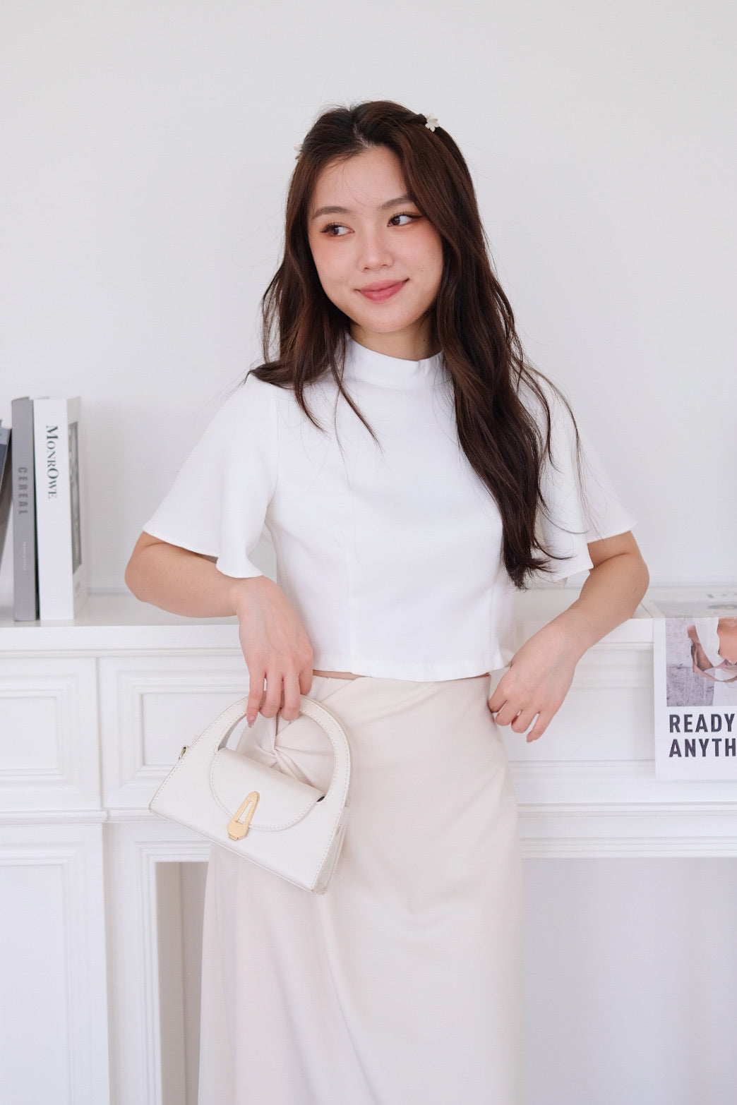 Veena Flutter Sleeves High Neck Top (White)