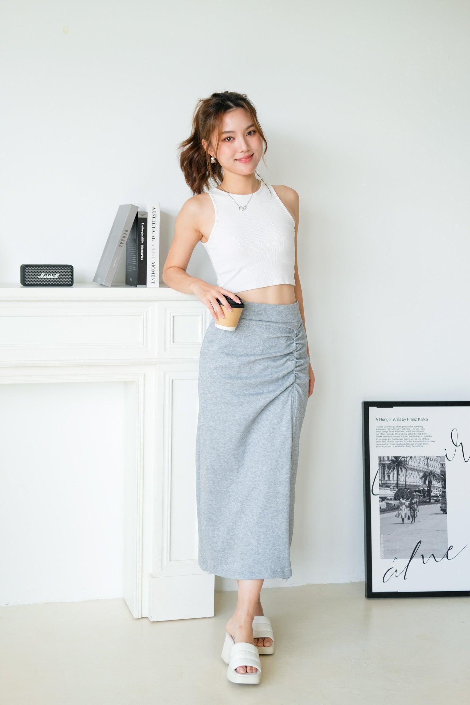 Vera Ruched Side Slit Midi Skirt (Grey)