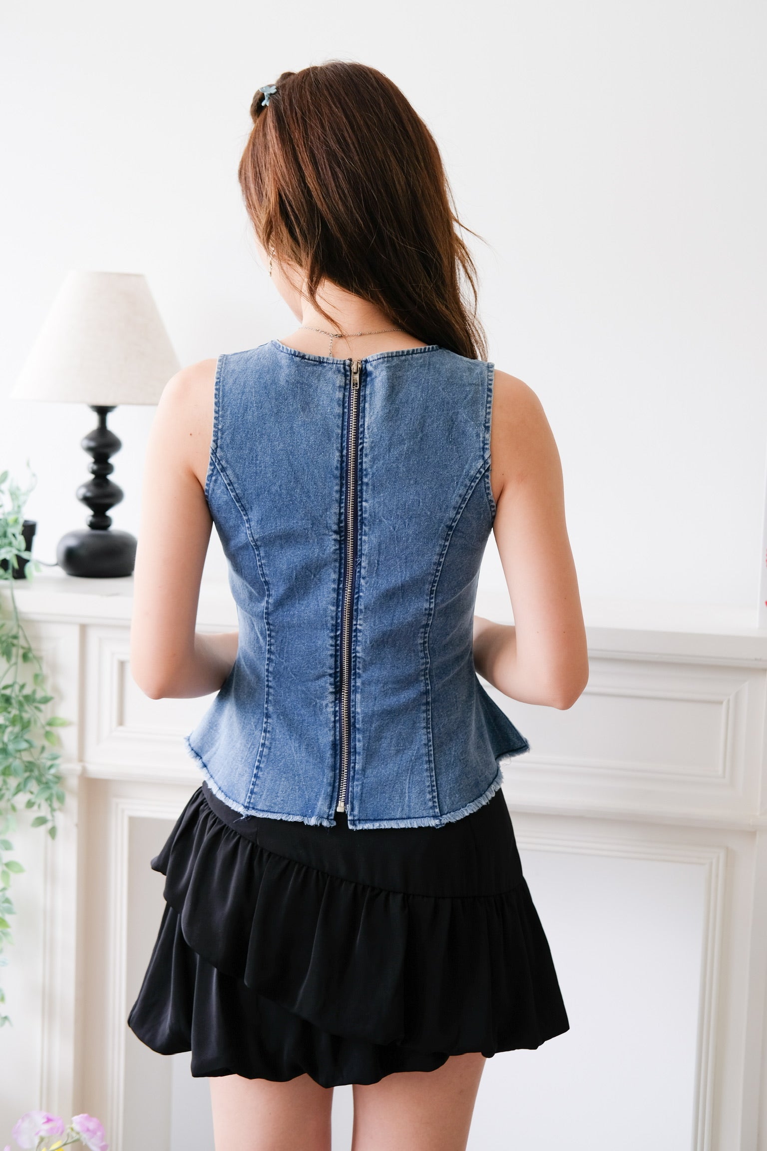 Alda Peplum Denim Top (Medium Blue)