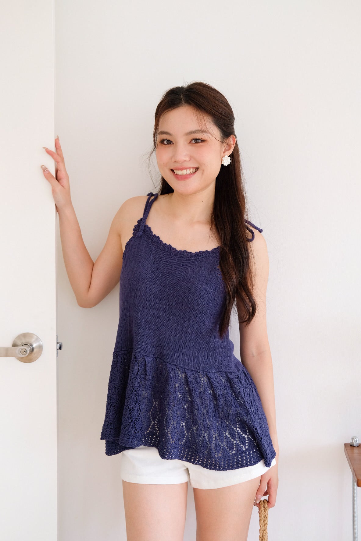 Jamie Self Tie Peplum Knit Top (Navy Blue)