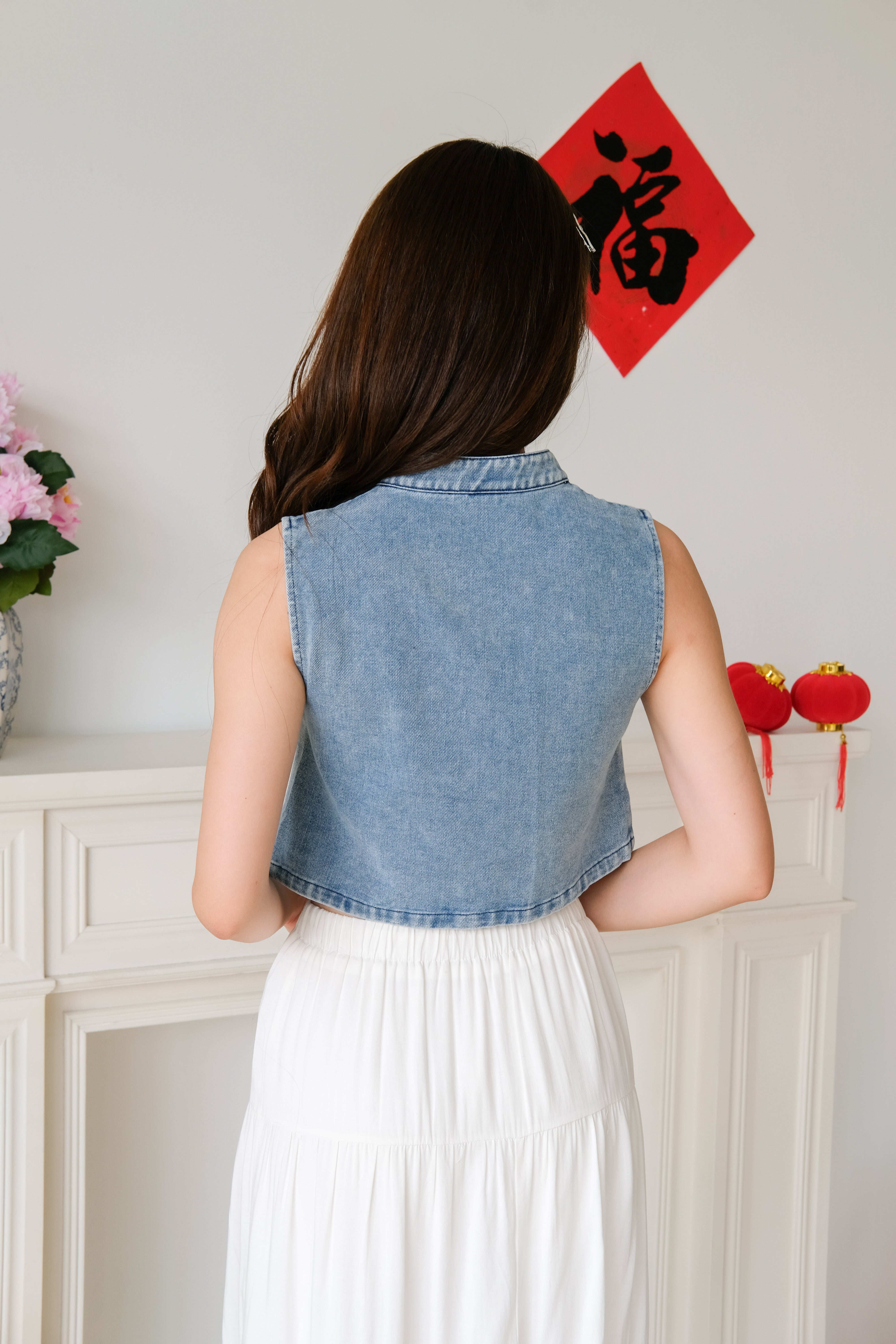 Andrea Denim Cheongsam Crop (Medium Blue)