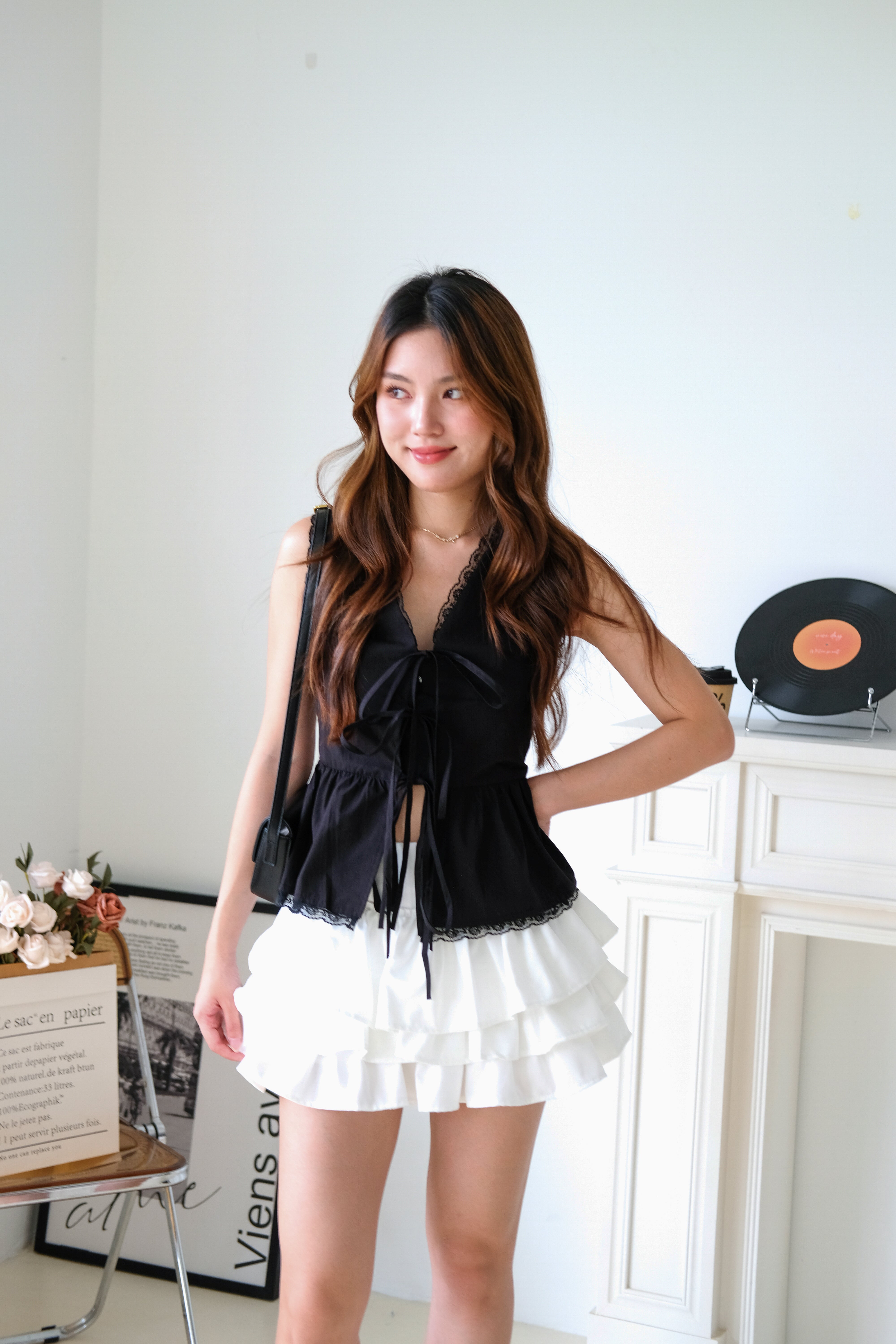 Jeanne Lace Drawstring Peplum Top (Black)
