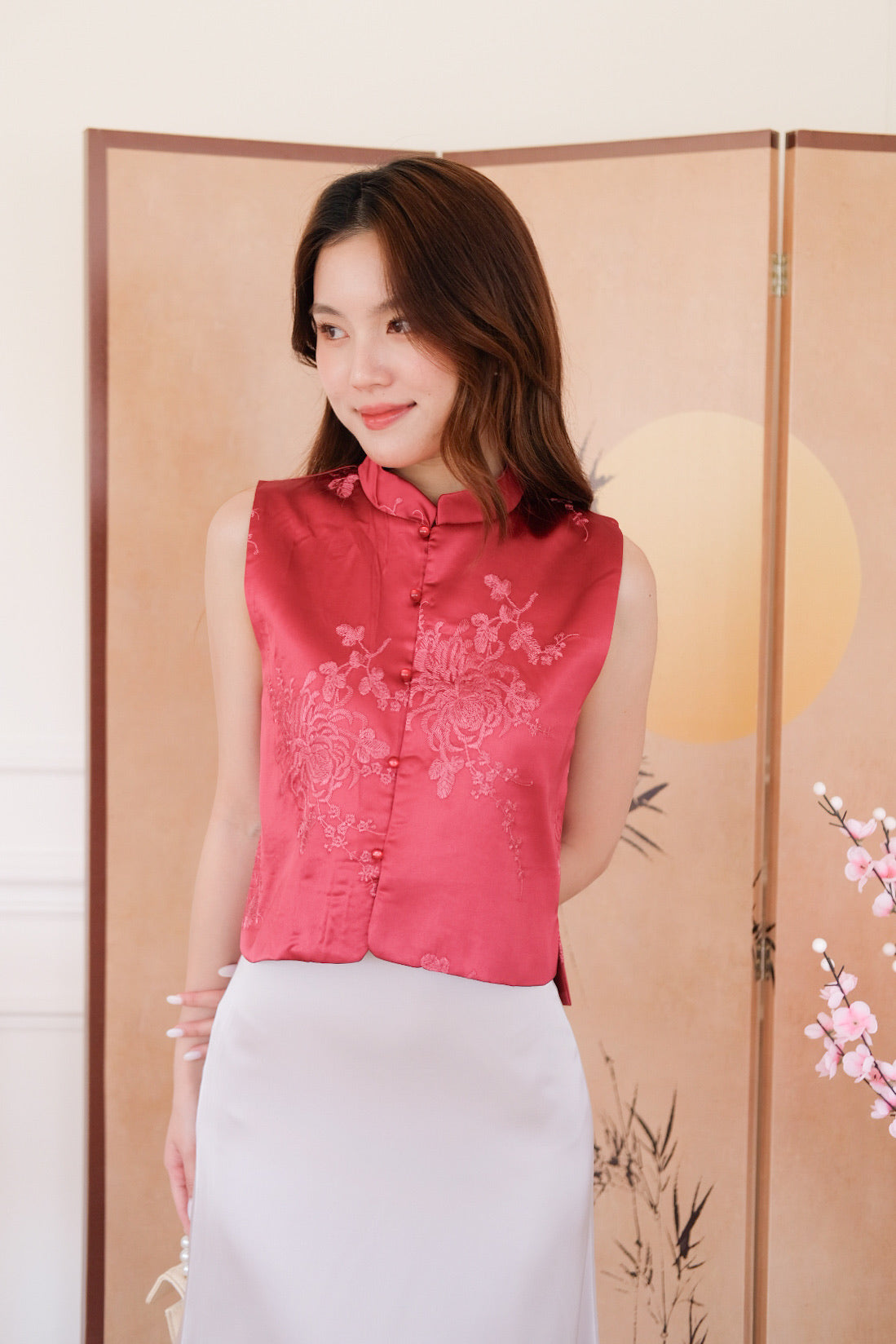 宋 Song Satin Cheongsam Vest Top (Wine)