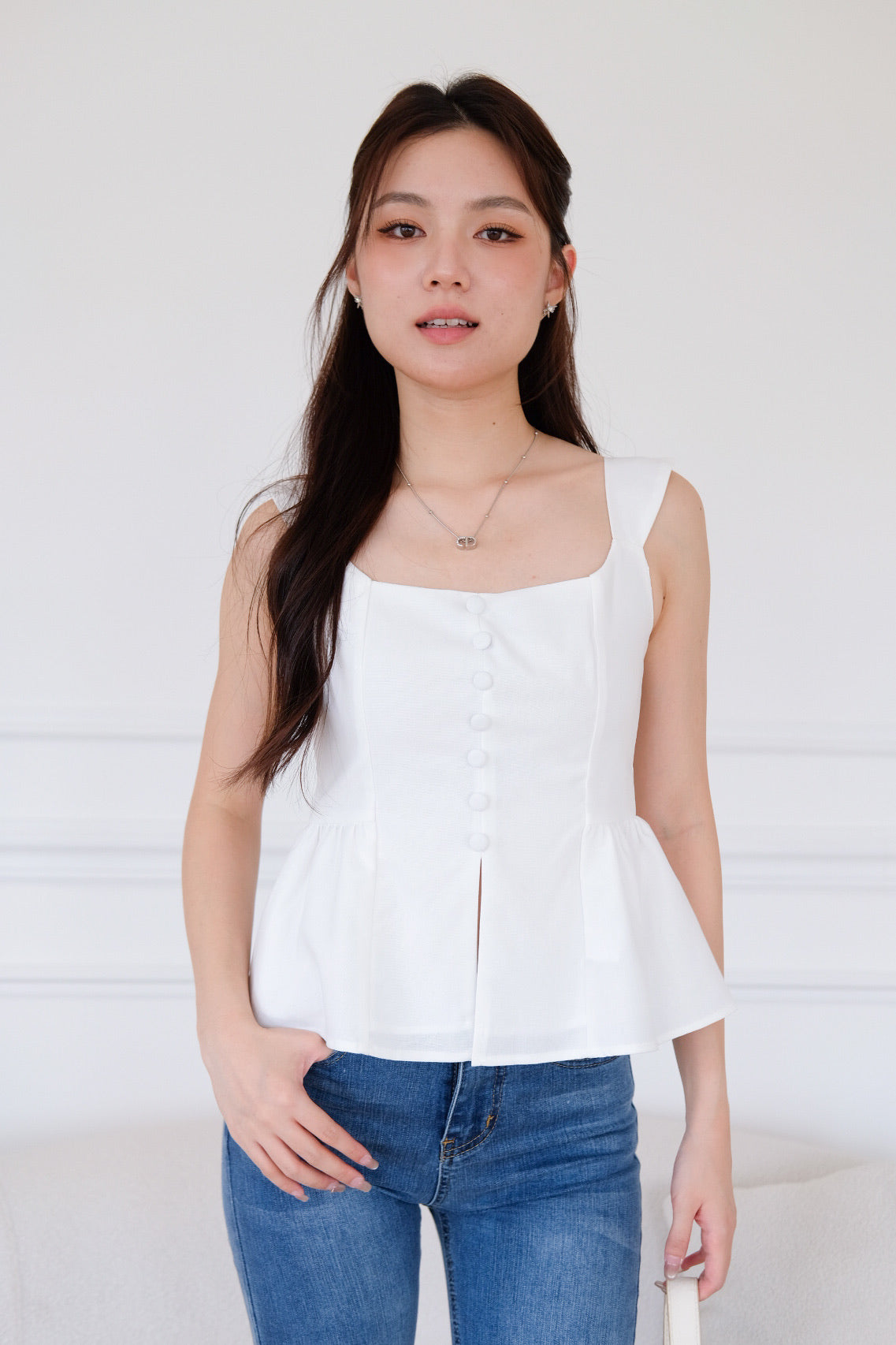 Naylie Peplum Front Slit Top (White)