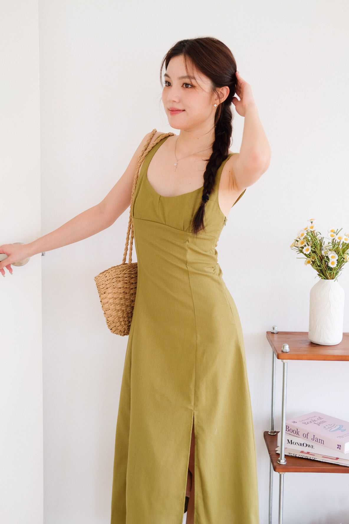Clover Linen Slit Dress (Olive Green)