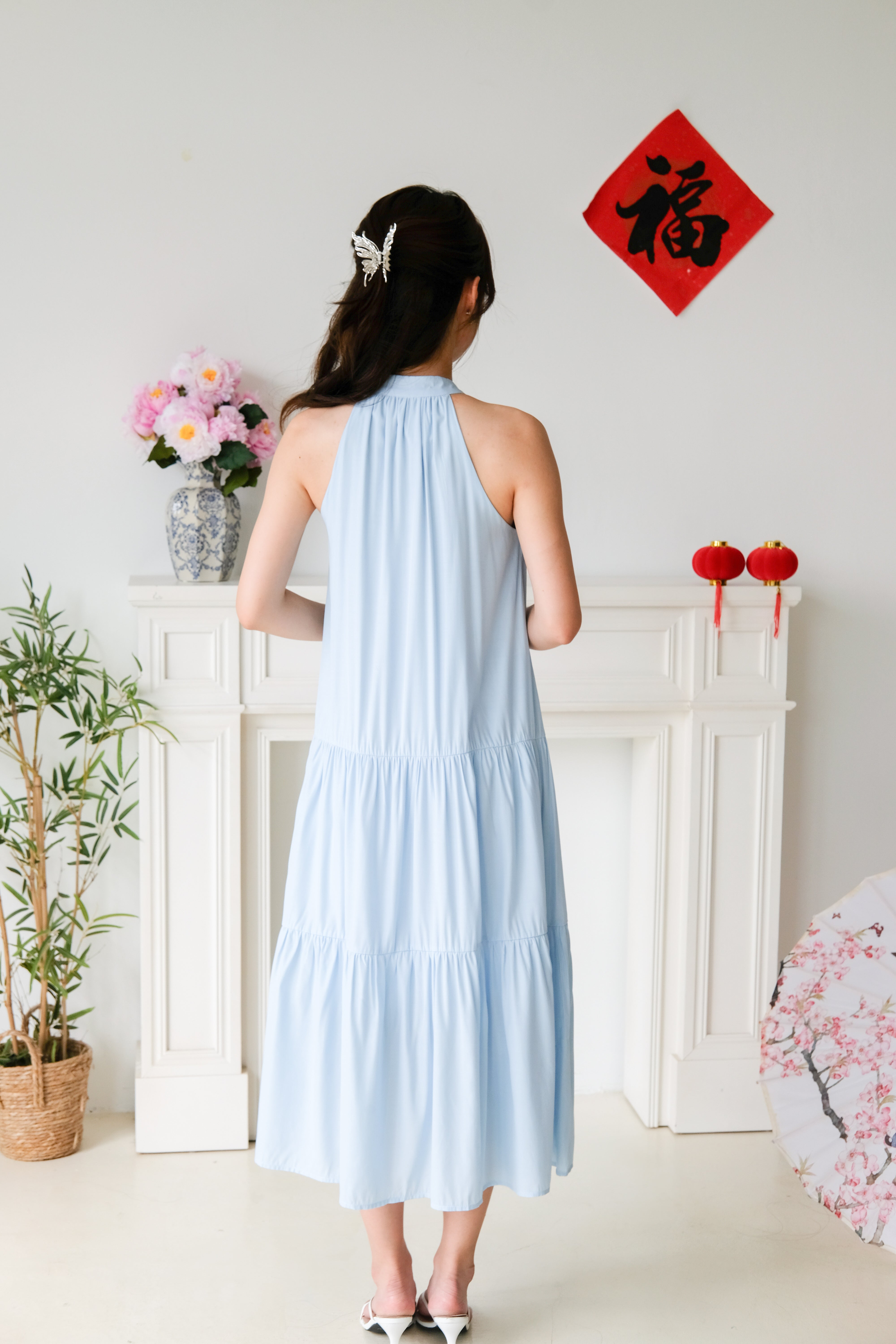 Qi Mandarin Collar Babydoll Tiered Dress (Sky Blue)