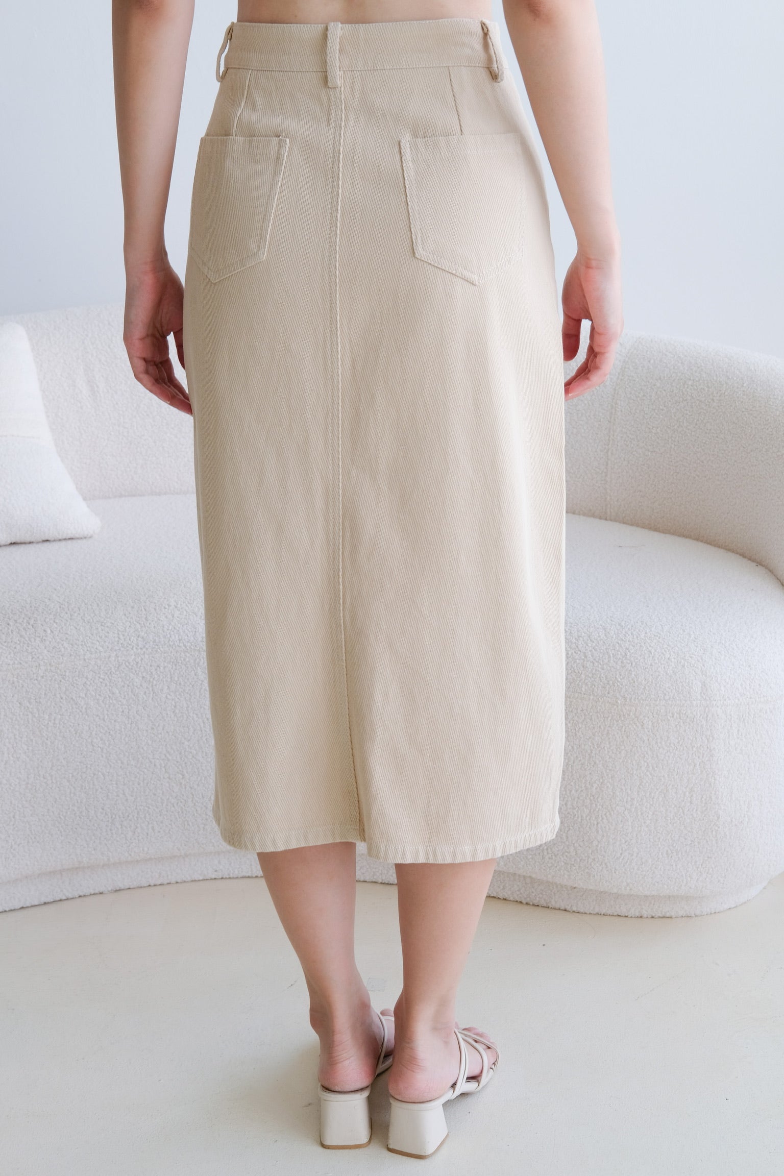 Rhea Belt Column Midi Skirt (Beige)