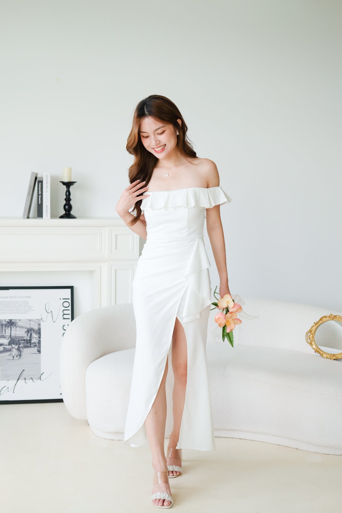 Dione Off Shoulder Slit Dinner Maxi Dress (White)