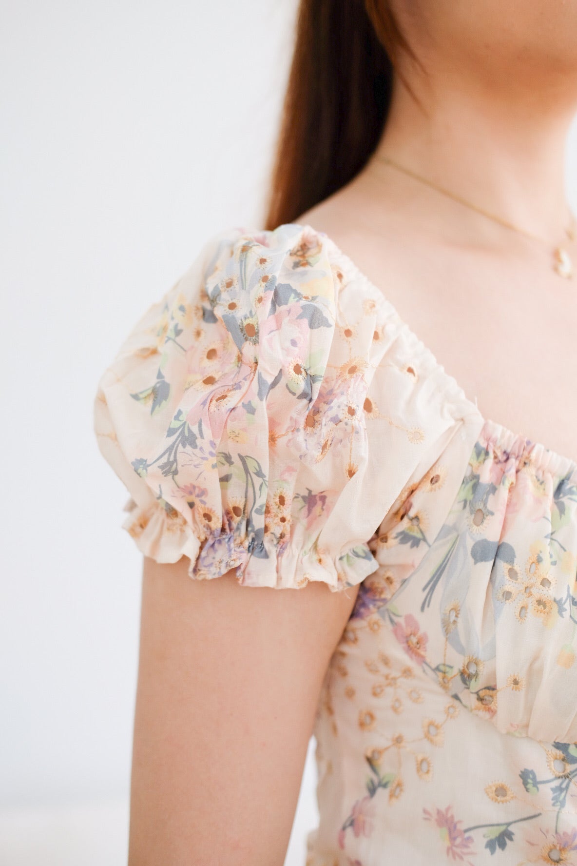 Beige Floral Ribbon Organza Midi Dress