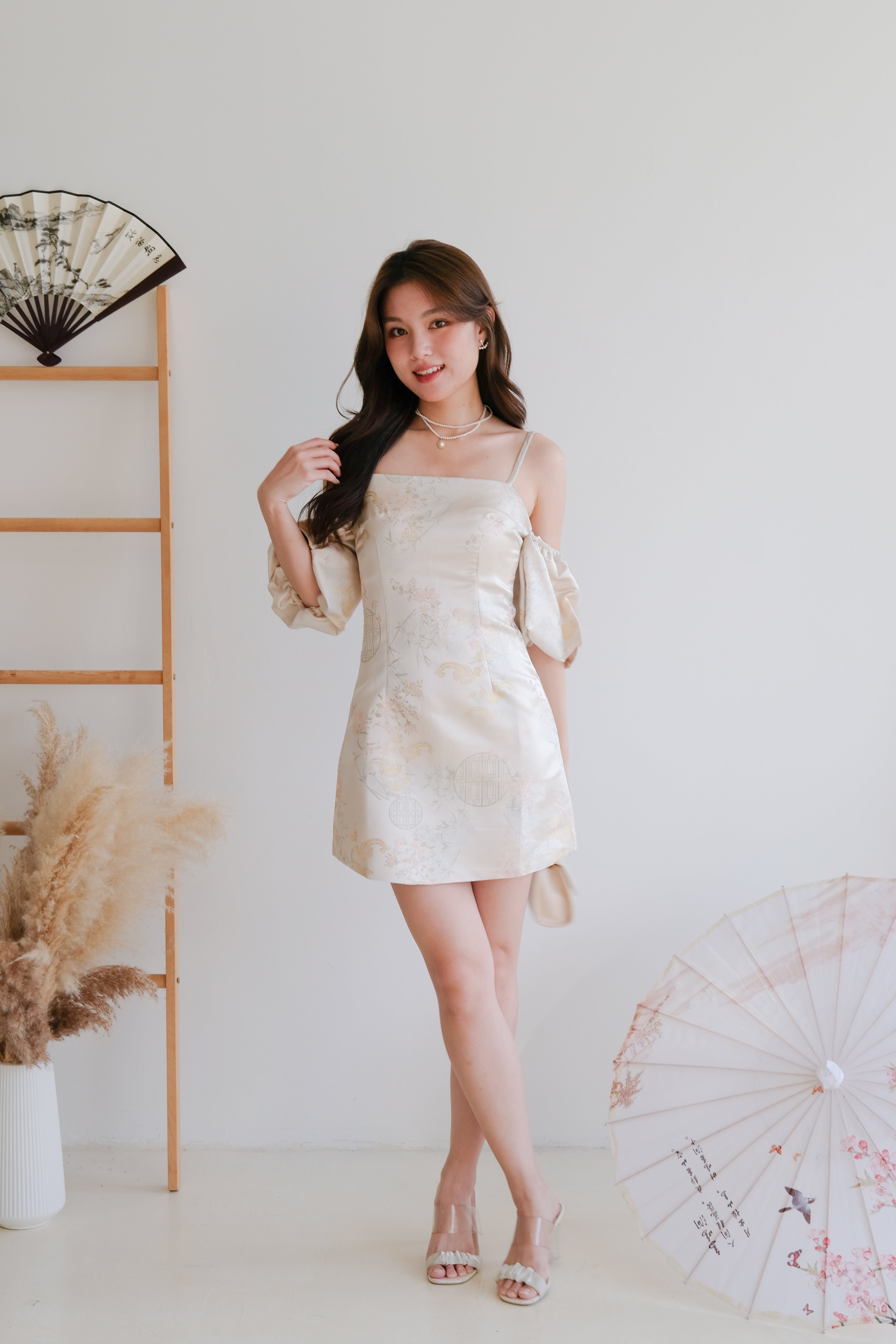 Ya Yun Tropical Cold Shoulder Dress (Champagne)