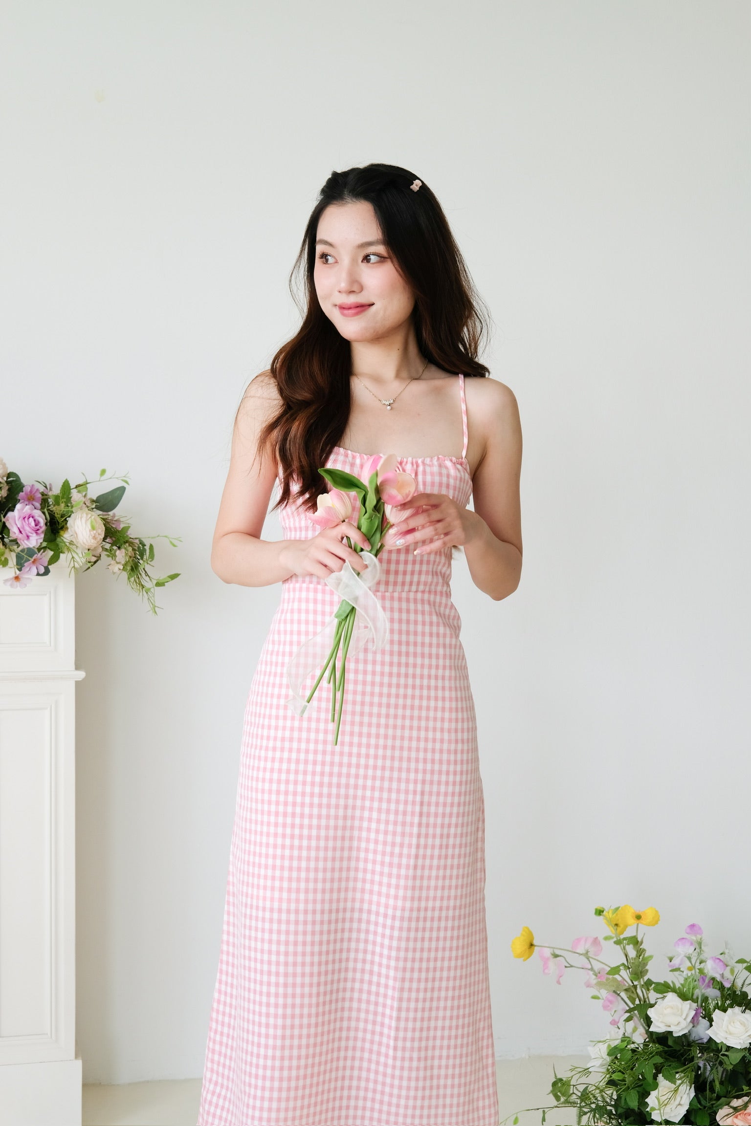 Veronnie Ruched Plaid Midi Dress (Pink)